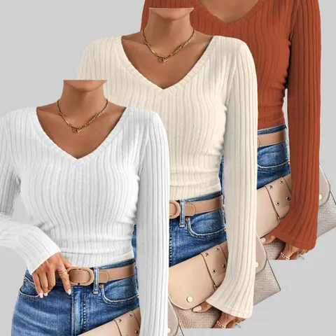 Women's 3-Piece V-Neck Long Sleeve Slim Fit Knit Tops, Casual Basic T-Shirt, Y2K Style Solid Color Tight Tops for Spring and Autumn, Knitwear