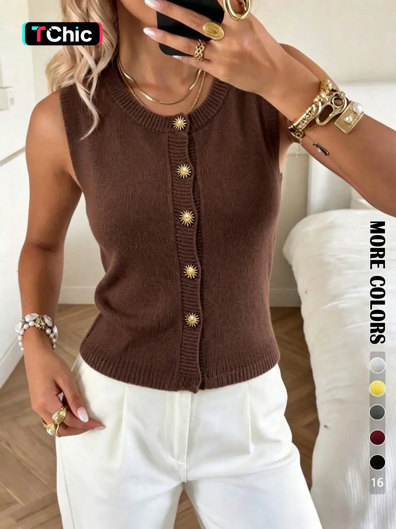 Autumn Elegant Chic Sunflower Metal Button Round Neck Cardigan Vest, Fashion Casual Slim Fit Knit Top, Women's Versatile Stylish Outerwear, Button Front Vest