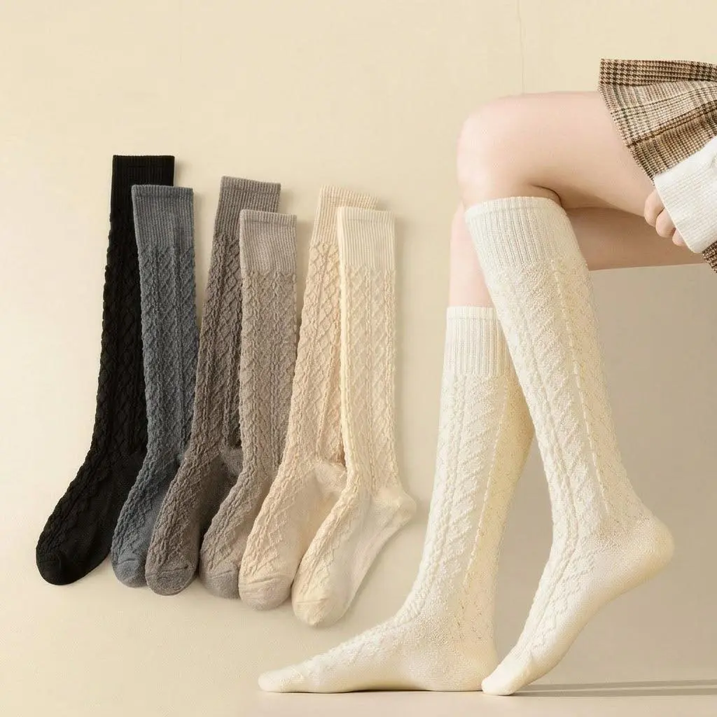 Women's 6-Pair Knee High Socks - Chic, Stretchy Vintage Cable Knit Diamond Pattern, Japanese Oversized Retro Preppy JK Uniform Boot Socks for Cosplay, Everyday Wear