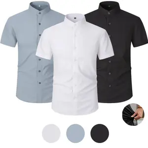 Men's Solid Color Mandarin Collar Short Sleeve Shirt, Minimalist Business Casual Top with Hidden Button Placket, Stretch Fabric for Comfort, Ideal for Work or Smart Casual Events