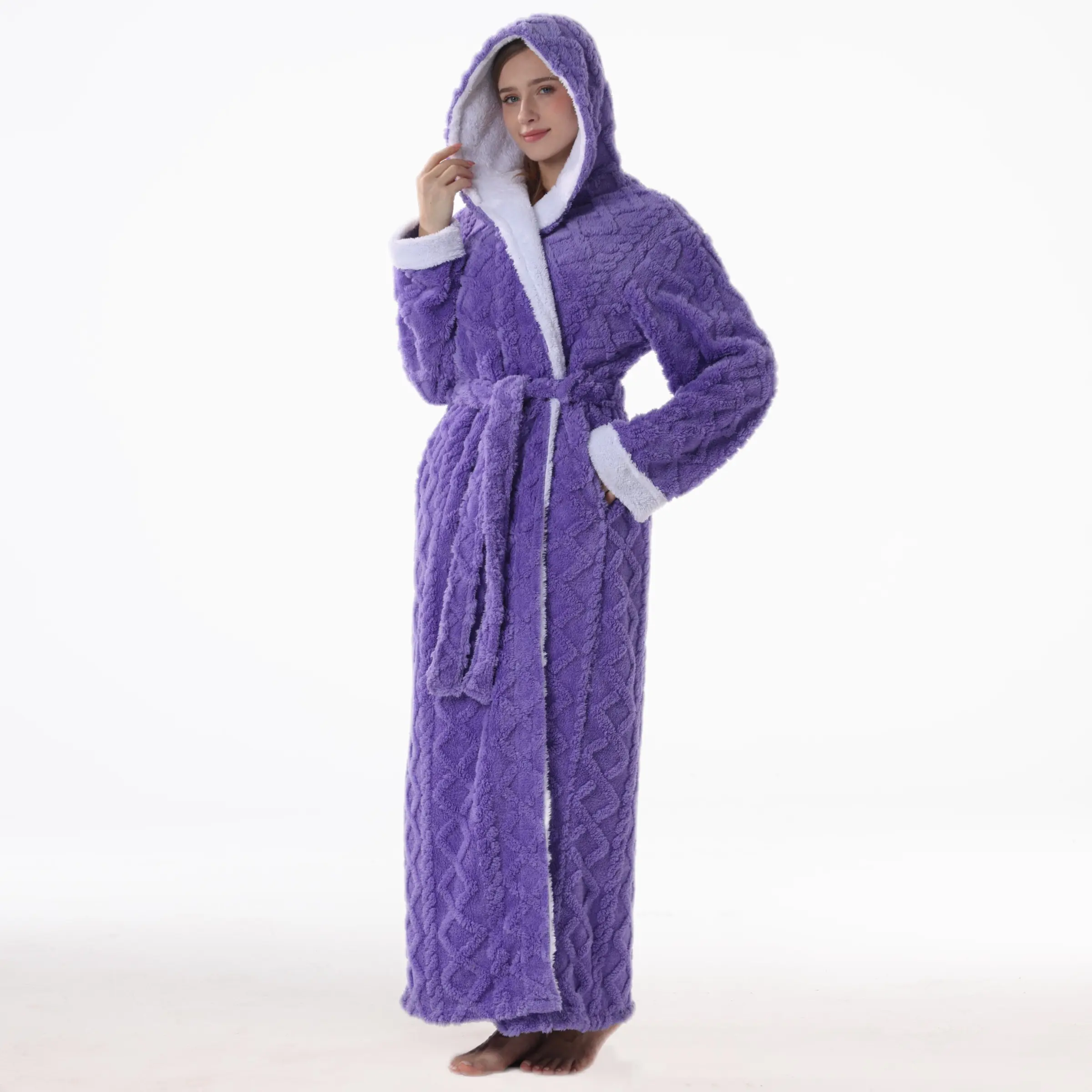 Elegant Winter Fleece-Lined Bath Robe with Hood and Pockets for Men and Women, Warm Comfortable Cozy Reusable Unisex Loungewear in Multiple Colors