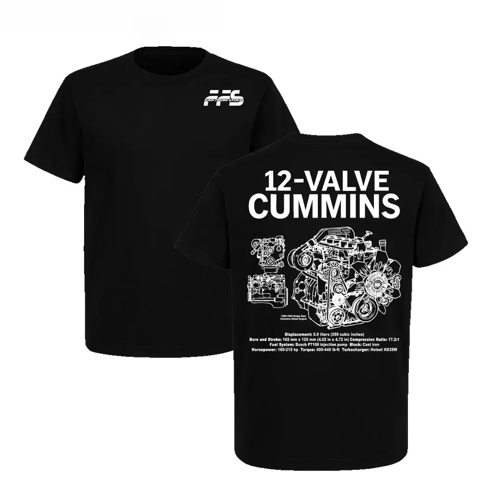 Far From Stock 12 Valve Cummins T-Shirt, Diesel Engine Blueprint Graphic Tee, Streetwear Apparel, Gift for Men & Cummins Fans Cotton Menswear