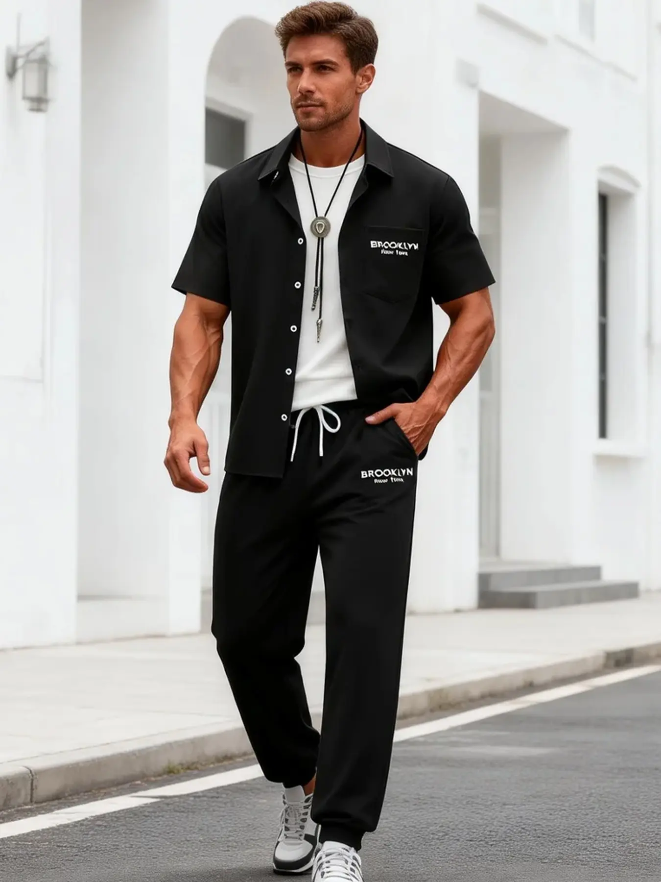 Summer Men 2 Piece Tracksuit, Brooklyn New York Logo Printed Pocket Button Down Cuban Collar Shirt + Elastic Waist Solid Straight Leg Pants, Lightweight Breathable No-Iron Casual Suit For City Holiday Daily Street Style Home Wear