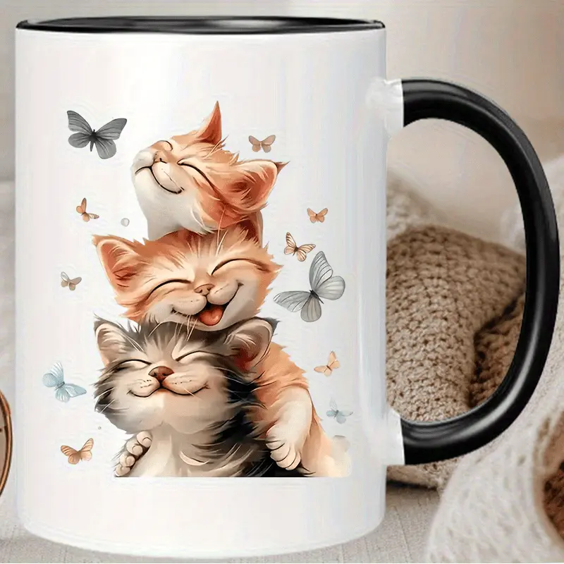 Cartoon Cats 02 11oz Ceramic Coffee Mug- Insulated Reusable Travel Mug with 3 Playful Cats& Butterflies Design, Hand-Wash Only, Perfect for Coffee Lovers, Men& Women, Daily Coffee Cup | Playful Cat Design | Handwash Only Mug