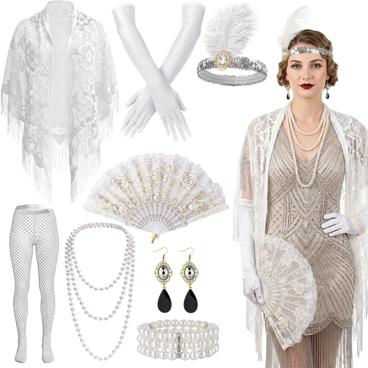 8 count Flapper Accessories Set for Women, Roaring 20's Costume Set