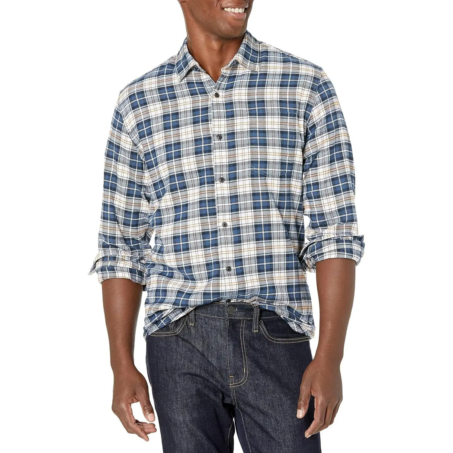 Essentials Men's Regular Fit Long-Sleeve Flannel Shirt, Soft Brushed Cotton, Lightweight yet Warm