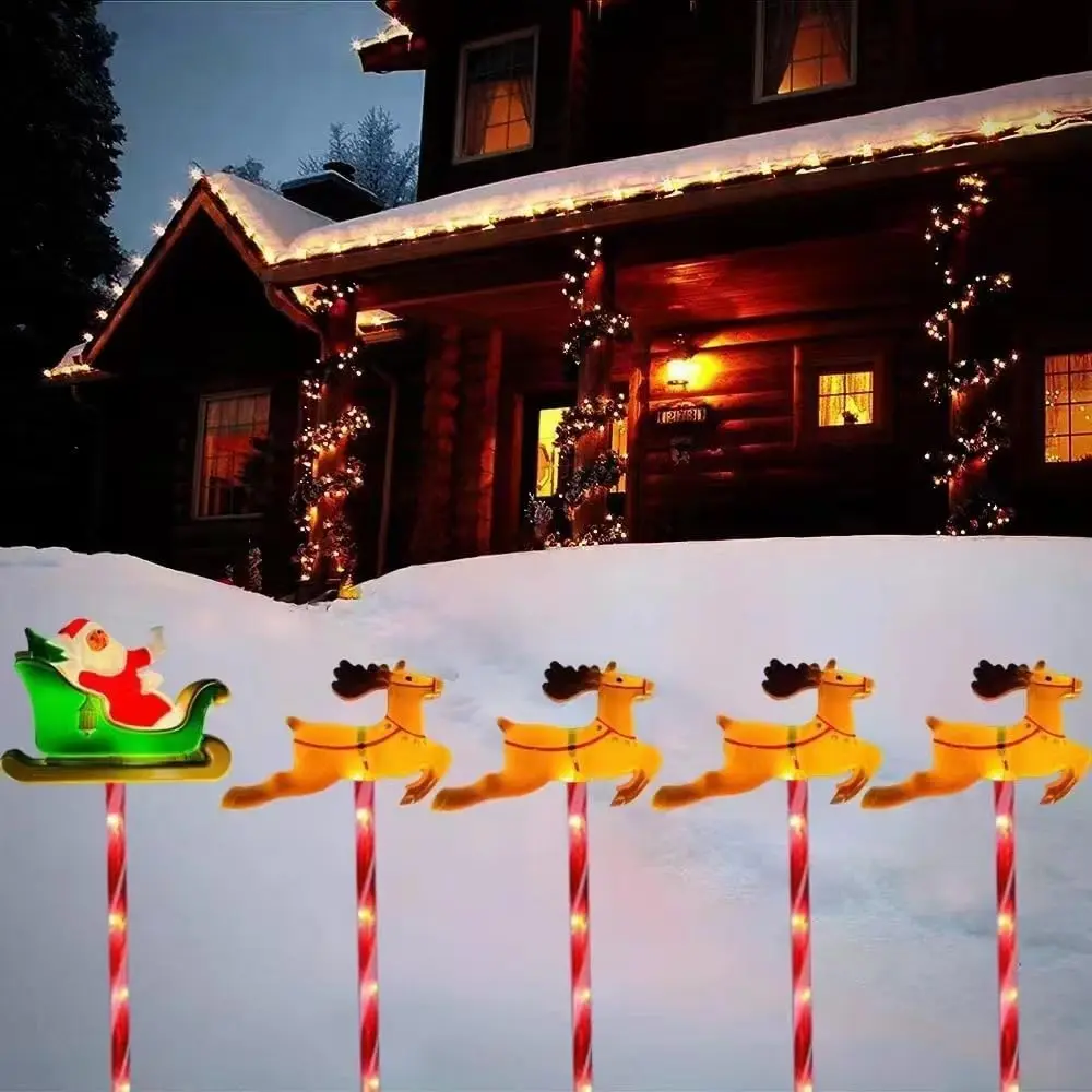 5 Pack LED Outdoor Solar Ground Inserted Santa Claus Sled Lights,  Solar Courtyard Decoration Christmas Reindeer Light, with 8 Warm Light Modes.