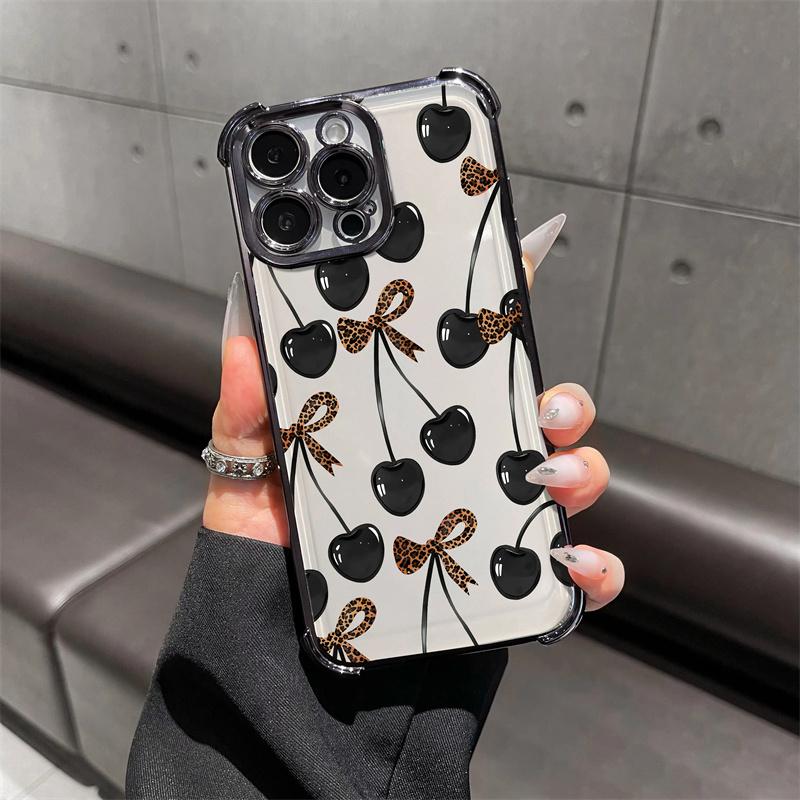 Cherry leopard print bow pattern four-corner shockproof transparent electroplated protective phone case for iPhone 17 Air 16Pro Max 15 14Plus 13 12 11 XS Samsung Galaxy S26 Ultra S25 Plus S24 FE S23,Simple and stylish.HM178
