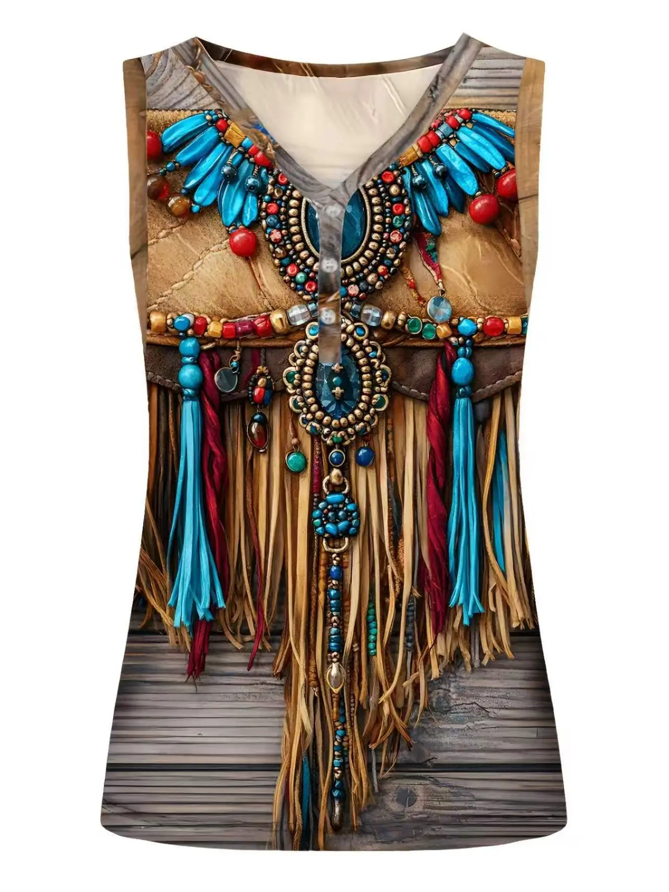 Vintage Western Cowboy Style Beaded Fringe Print Tank Top, Loose-Fitting All-Over Print, Casual Vacation Wear, All Seasons