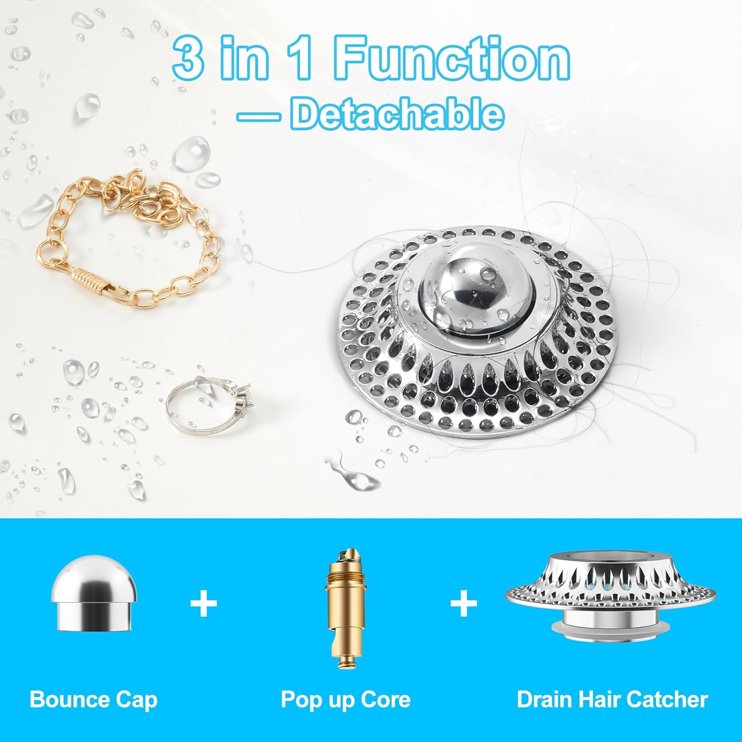 Bathtub Stopper Drain Hair Catcher Replacement 3 in 1 Detachable Pop Up Bathtub Plug with Filter Tub Drain Hair Catcher Anti Clogging Bathroom Strainer Drain Cover for 1.46" to 1.85" Drain Hole