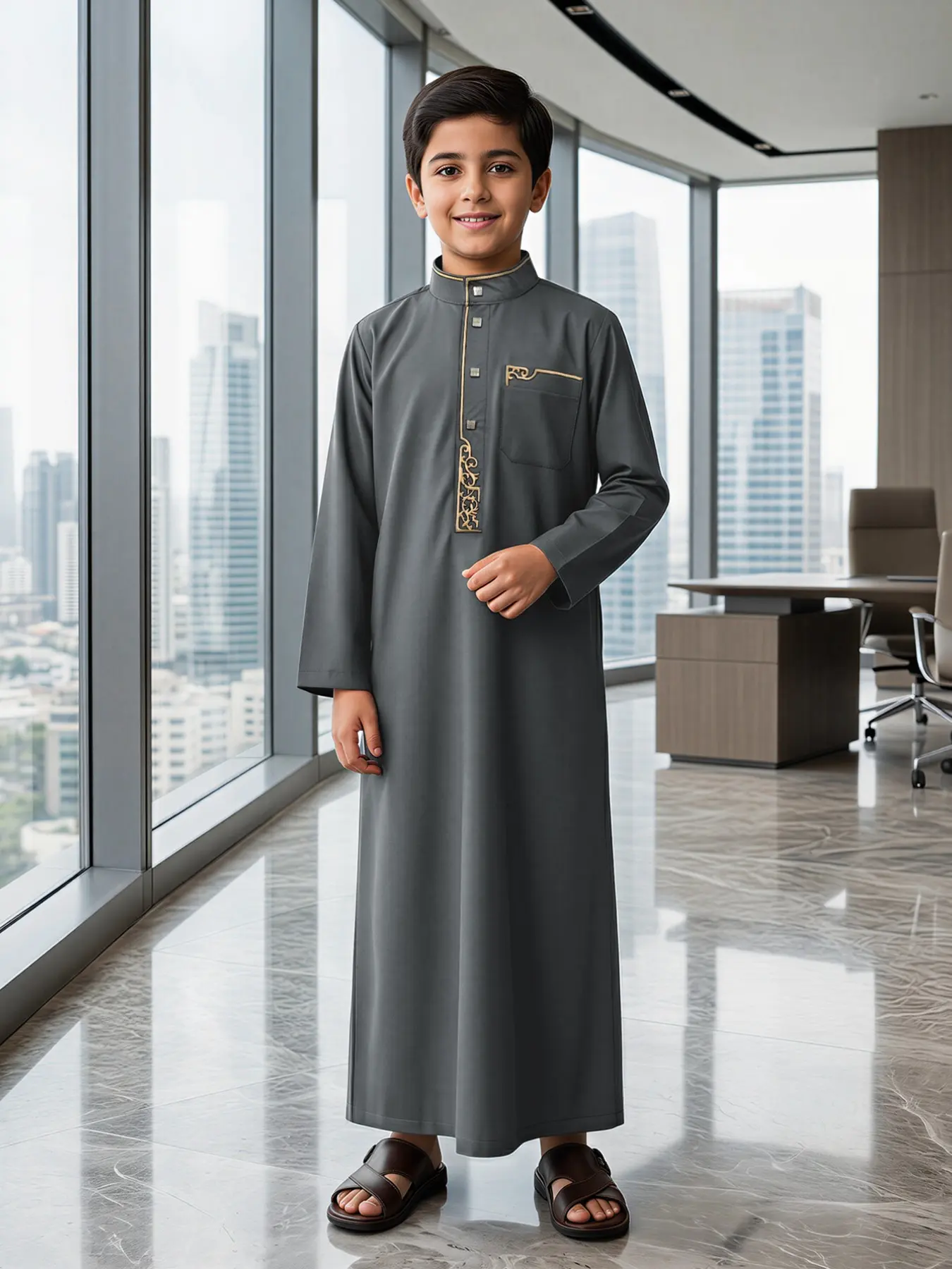 Muslim Boy Thobe, Embroidery Metal Button Design, Hidden Side Pockets, Suitable for Boys Aged 8-12 Years