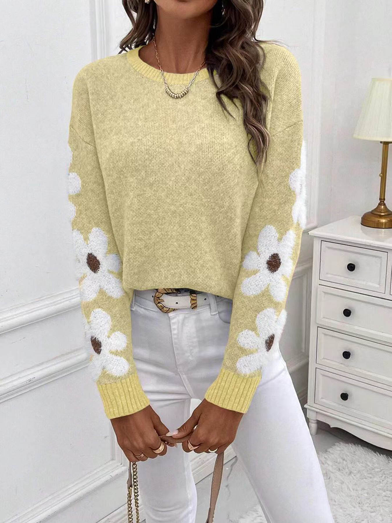 Women's New Loose Round-Neck Floral Pattern Long-Sleeve Pullover Sweater for Autumn and Winter, Elegant Casual Knitwear