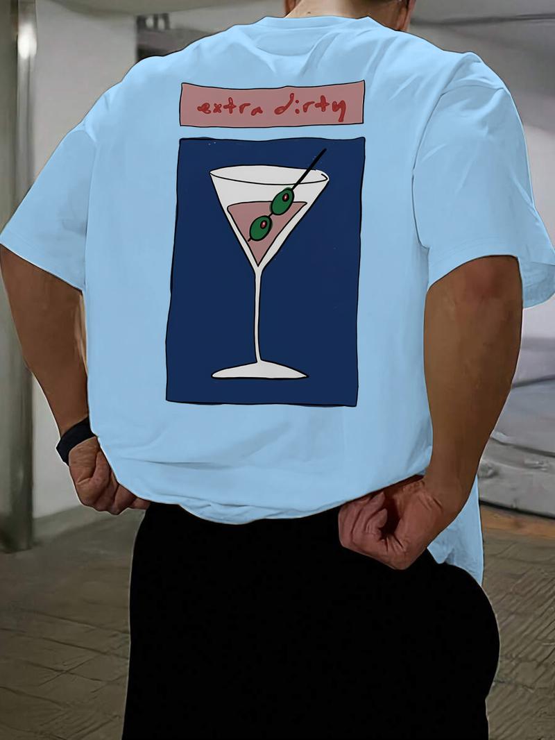 Men's Regular Fit Martini Cocktail Print Round Neck Tee, Casual Short Sleeve T-shirt for Summer, Men's Top for Daily Wear, Tropical, Casual Stylish Tee