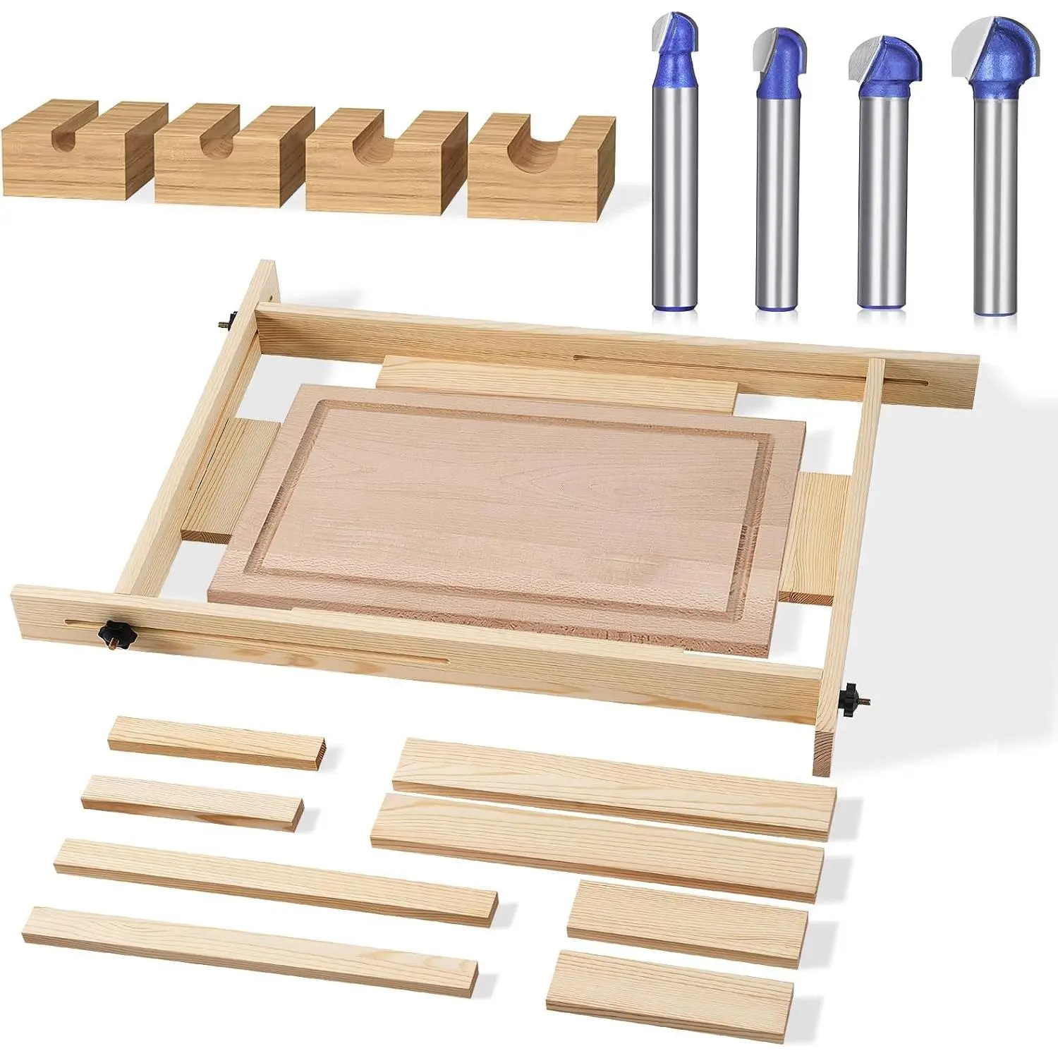 Adjustable Size Hardwood Router Jig (Light Brown) with Spacers Set, 8 Spacers, 4-Count 1/4" Shank Round Nose Cove Shape Router Bit for Groove Routing on 22x29 Boards, Creates Square Recesses