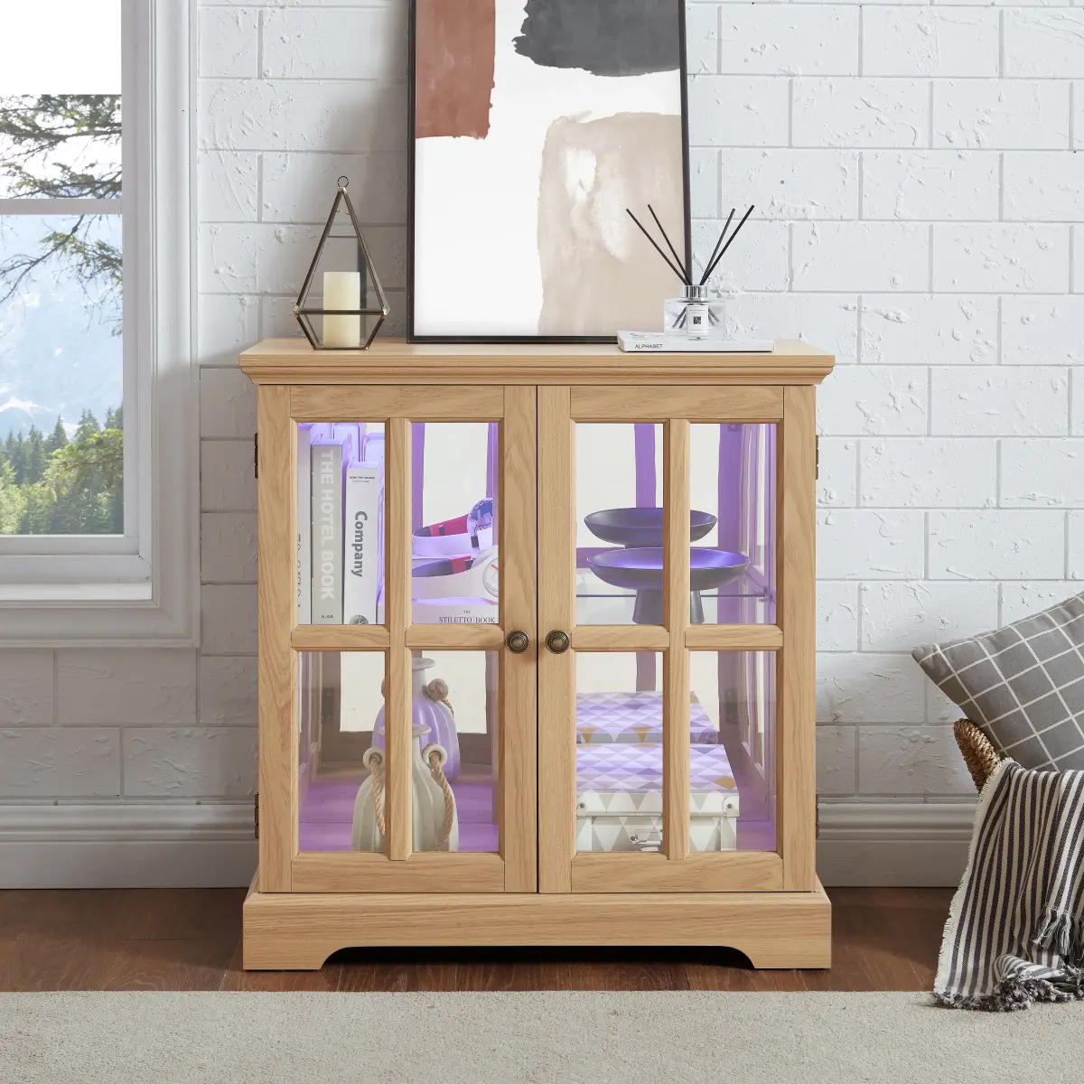 Dufominc  LED Curio Display Cabinet with Adjustable Shelves Antique Retro Showcase for Home Decor Elegant Bookcase Storage Oak Finish