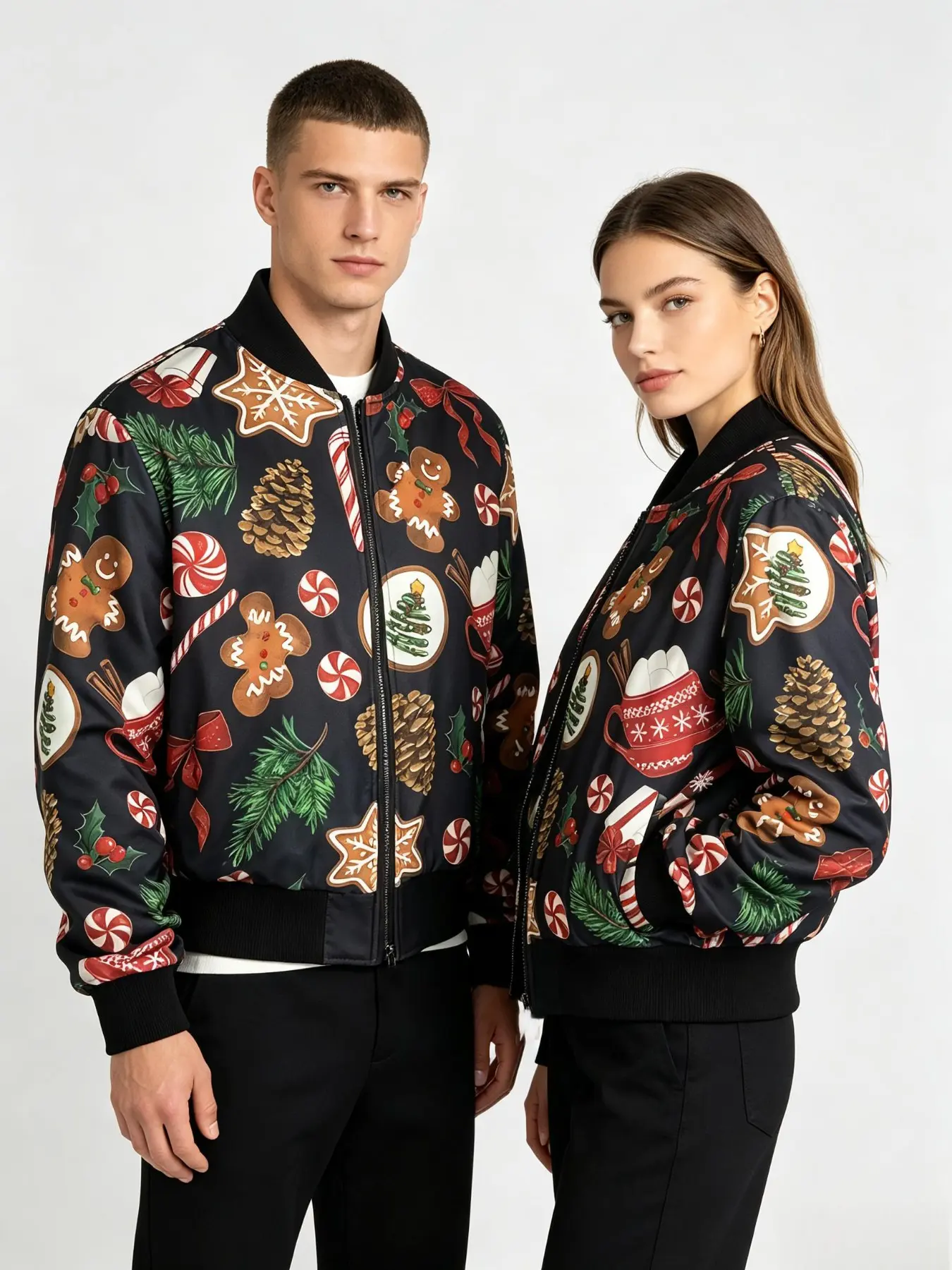 Unisex Zip‑Up Bomber Jacket With Full‑Print Gingerbread Man, Candy, Pinecone Christmas Elements, Autumn Winter Holiday Party Casual Top, Fall Bomber Jackets