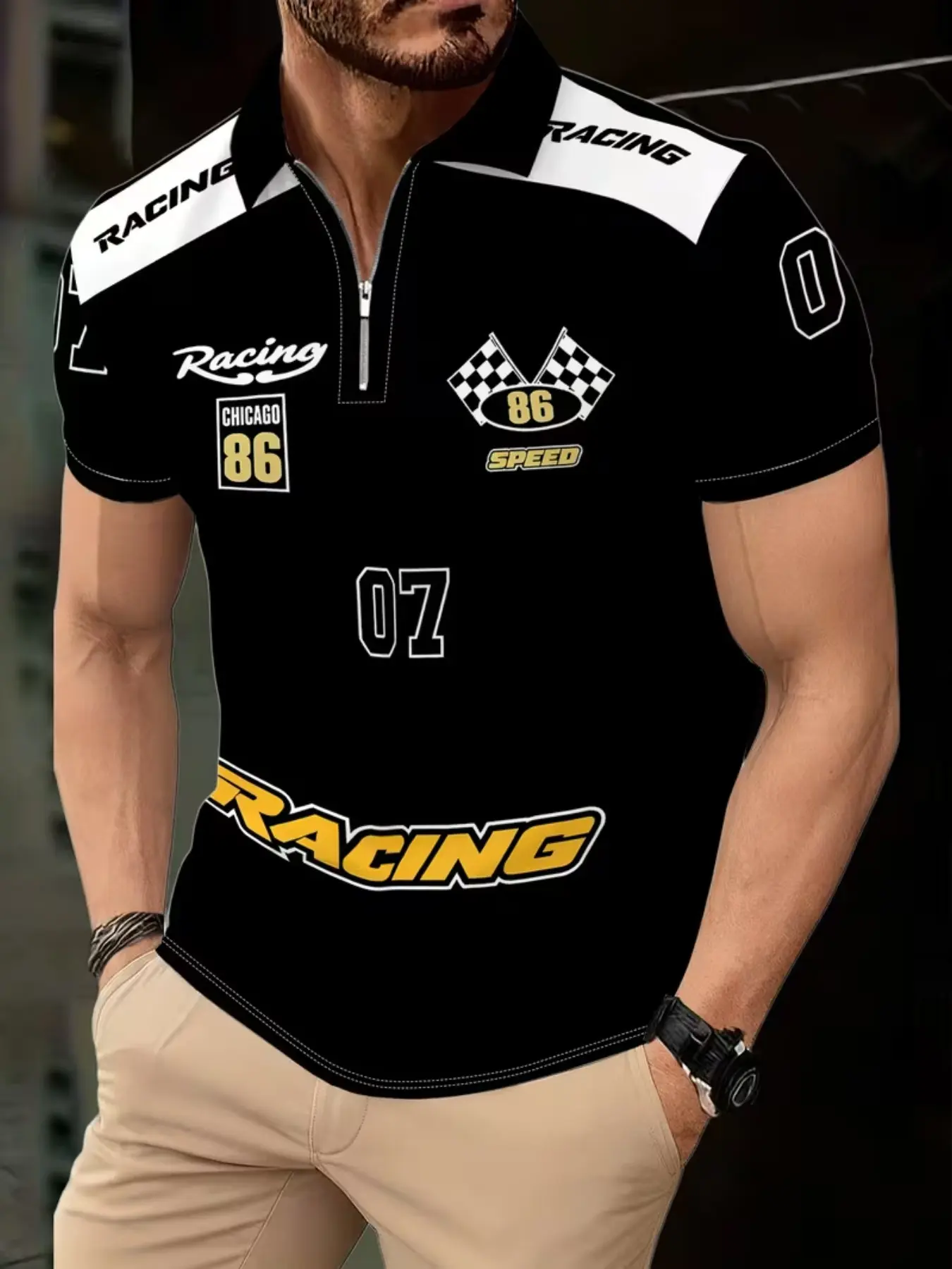 Men's Casual Short Sleeve Polo Shirt, Summer Racing Print, Loose Fit, Zip Detail, Perfect for Daily Wear and Gifts