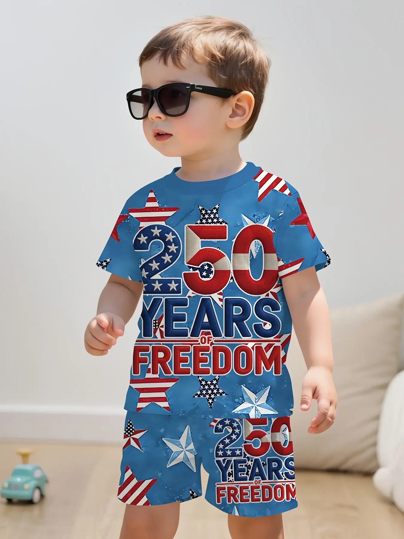 Toddler Boys Light Blue Crew Neck Full Print "250 YEARS OF FREEDOM" USA Star Stripe Short Sleeve Tee 2 Piece Set, Loose Vintage Top + All Over Matching Print Casual Shorts Kids Independence Day Summer Outfit 2–10Y