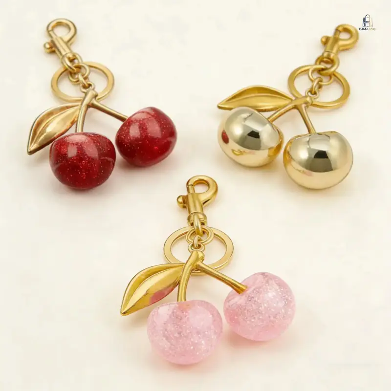 Women's Cute Sparkly Stainless Steel Cherry Motif Bag Charm Keychain - Compact, Exquisite All-Match Purse Accessory with Secure Clip, Ideal Birthday Gift Ideas, Sweet Look, Women/Girls