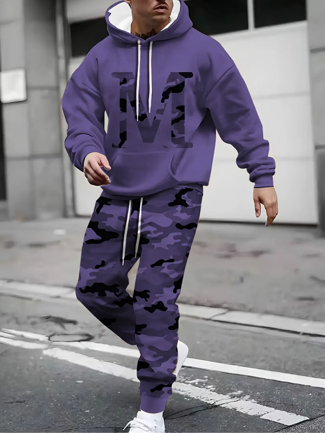 Military Hooded Sweatshirt Men's Casual Pullover, Camouflage Sports Pants Set, Trendy Fall, Long Sleeve, Fitted