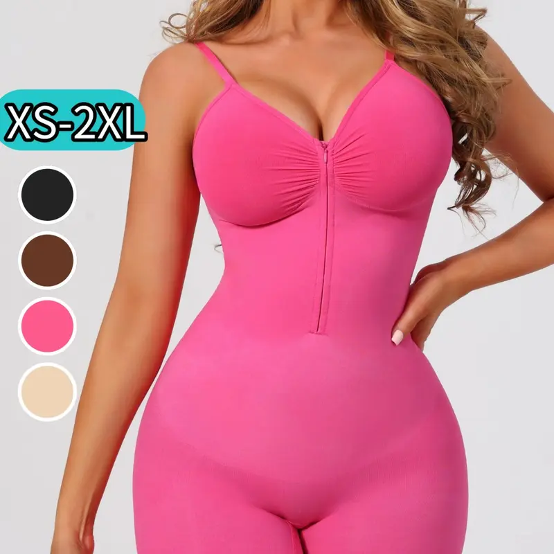 Women's Full-Body Shapewear Bodysuit with Straps, Front-Zip Tummy-Control Body Shaper with Thigh Slimming, Seamless Sculpting Bodysuit (XS-2XL), Stretchy