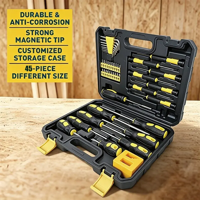45-Piece Magnetic Screwdriver Set, including Flathead, Phillips, Hex, Pozidriv, Torx, and Precision Screwdrivers, with Magnetiser / Demagnetiser Tool.