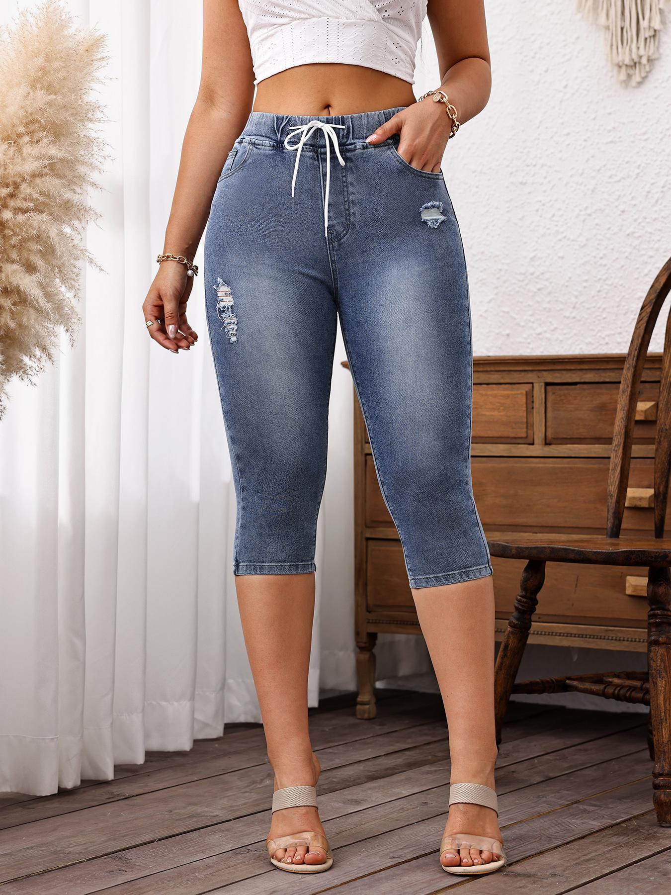 Women's Solid Drawstring Waist Ripped Capris Jeans, Casual Faded High Waist Denim Skinny Cropped Pants for Daily Wear, Ladies Bottoms for All Seasons