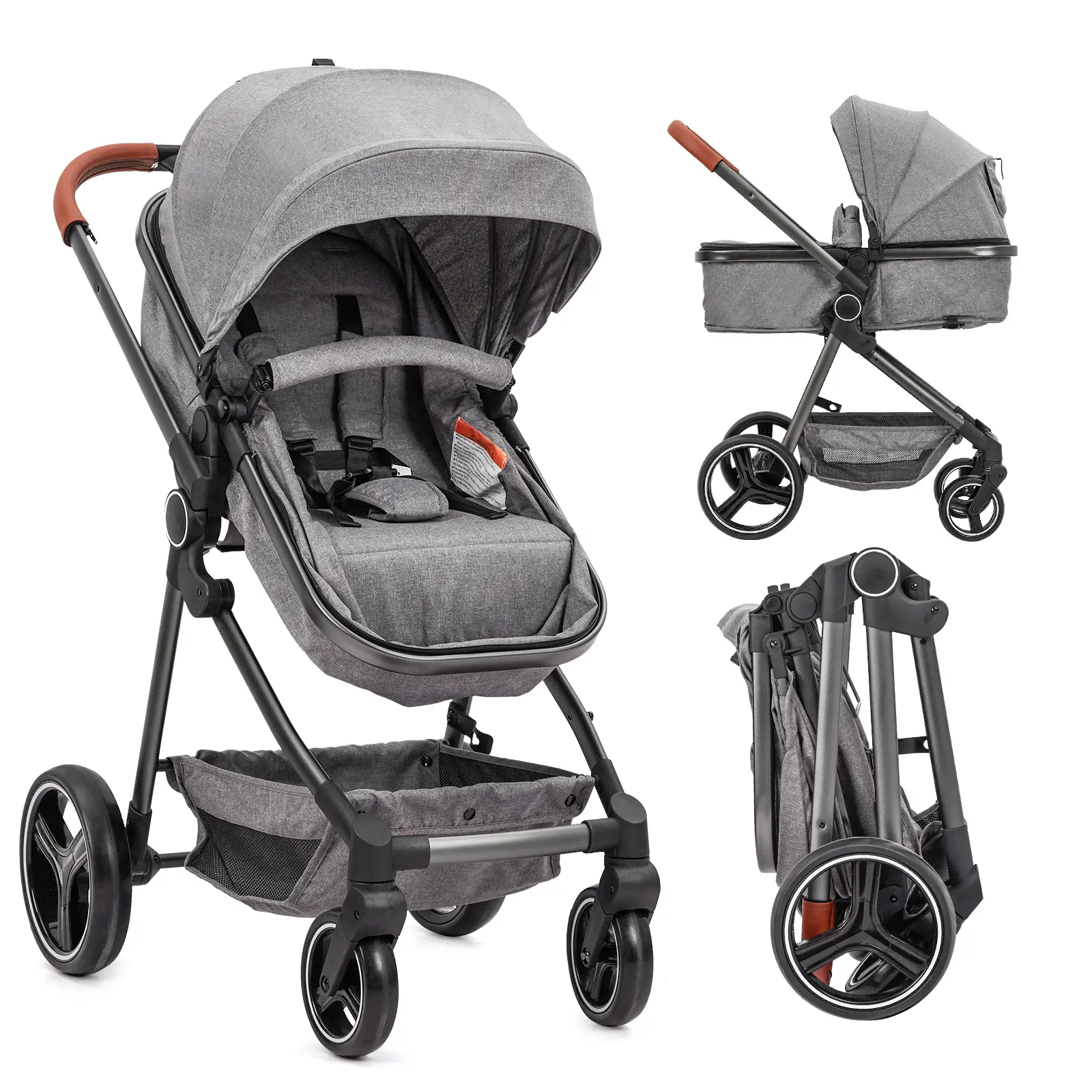 Baby Stroller, Convertible Infant Stroller with Bassinet Mode, Foldable Toddler Pram with Reversible Seat, Adjustable Canopy and Backrest, High Landscape Pushchair, Gray