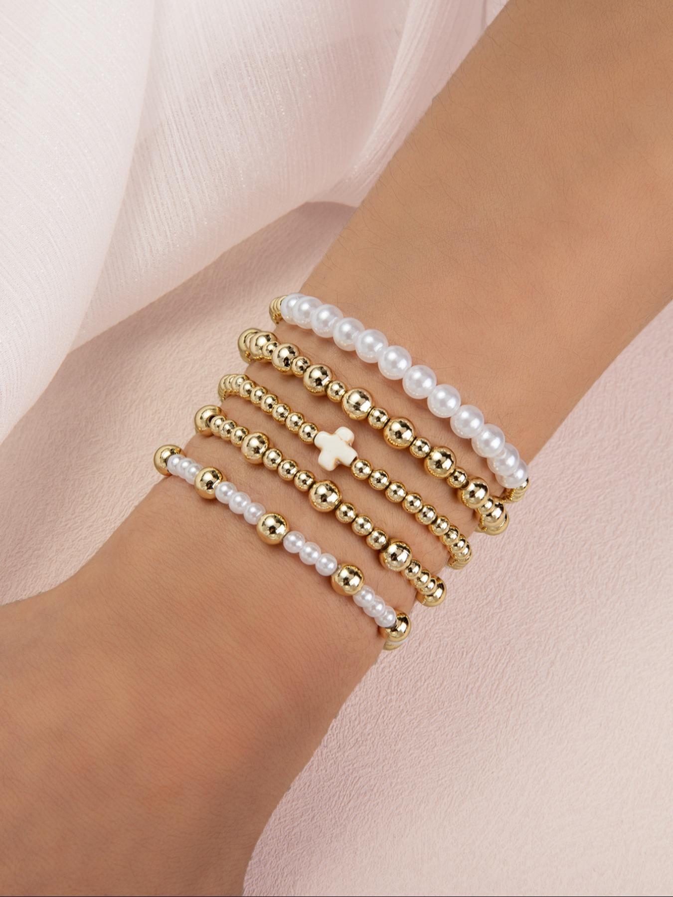 Boho Style Faux Pearl Decorated Bracelet Set, Fashion Cross Charm Beaded Bracelet for Women & Men, Trendy All-match & Exquisite Jewelry for Birthday Gift, Stackable Bracelets