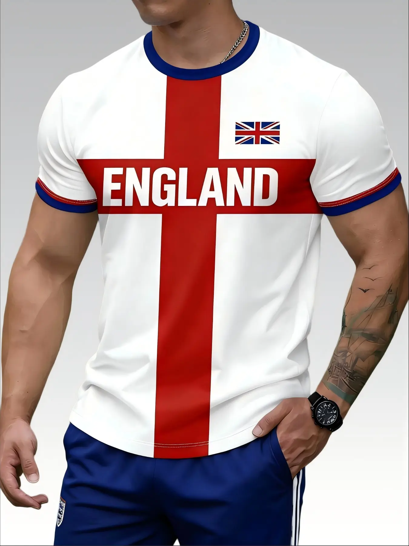 England Element Short Sleeve Round Neck T-Shirt, Menswear, Casual Apparel, Casual Style Tee, Large Letter Print, Casual Travel Cultural Tee, Loose-Fit, All over Print, Plain Surface