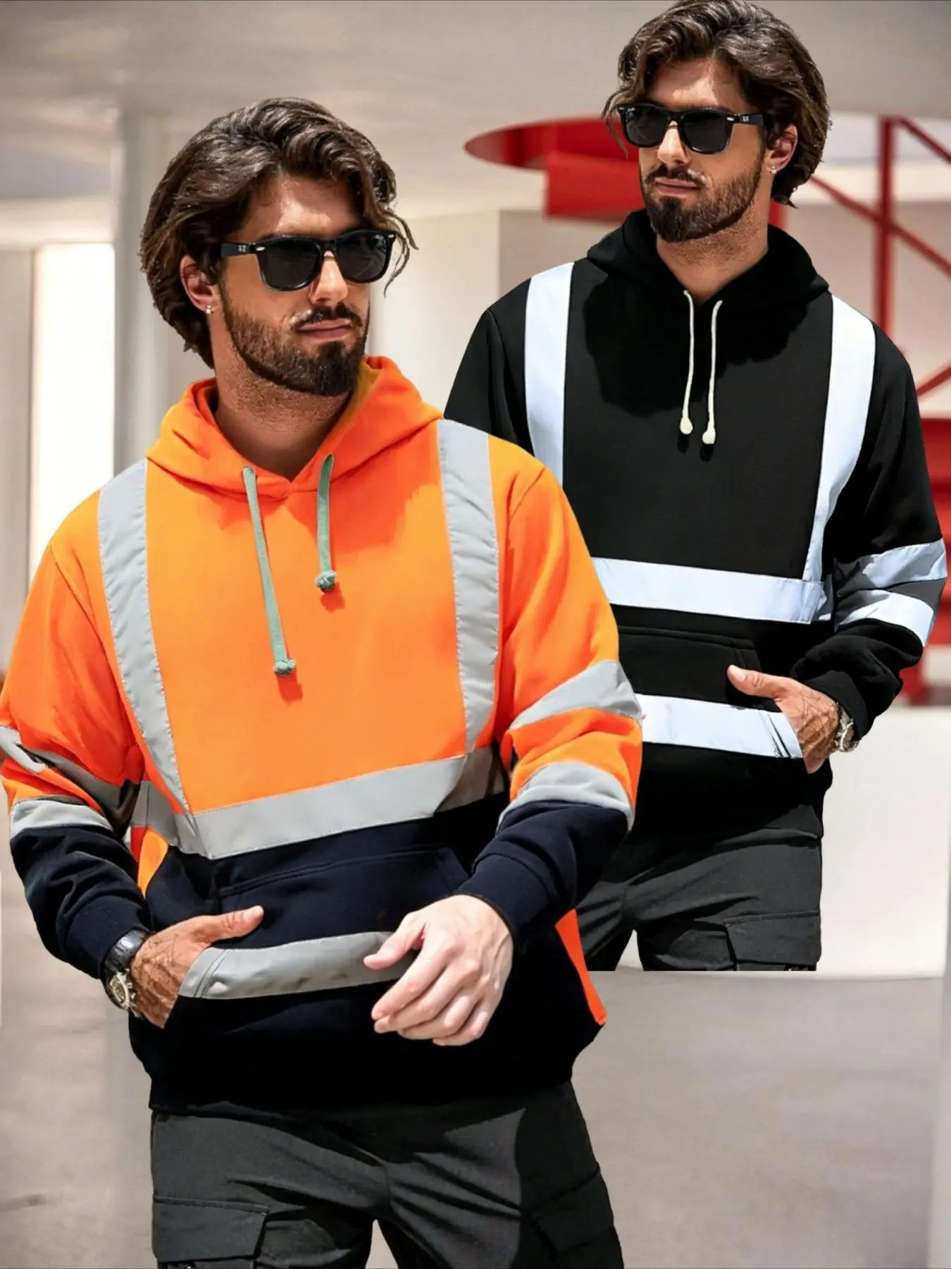 2pcs Men's Reflective Hooded Sweatshirt, Colorblock Patchwork, Safety Workwear, Night Warning, Kangaroo Pocket, Outdoor Construction