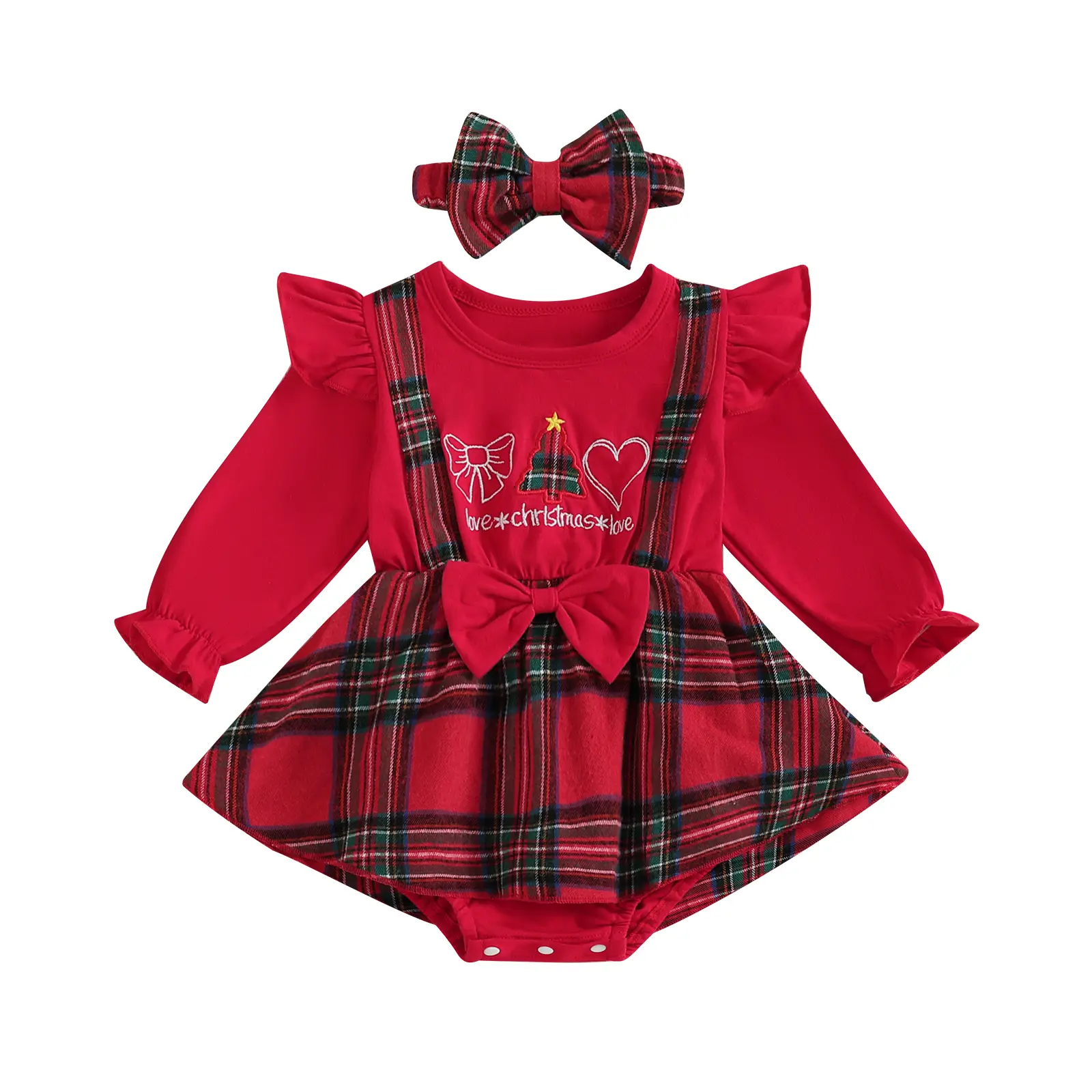 Newborn Baby Girl Plaid Romper Dress Christmas Tree Embroidery Ruffled Long Sleeve Bubble Jumpsuit with Headband