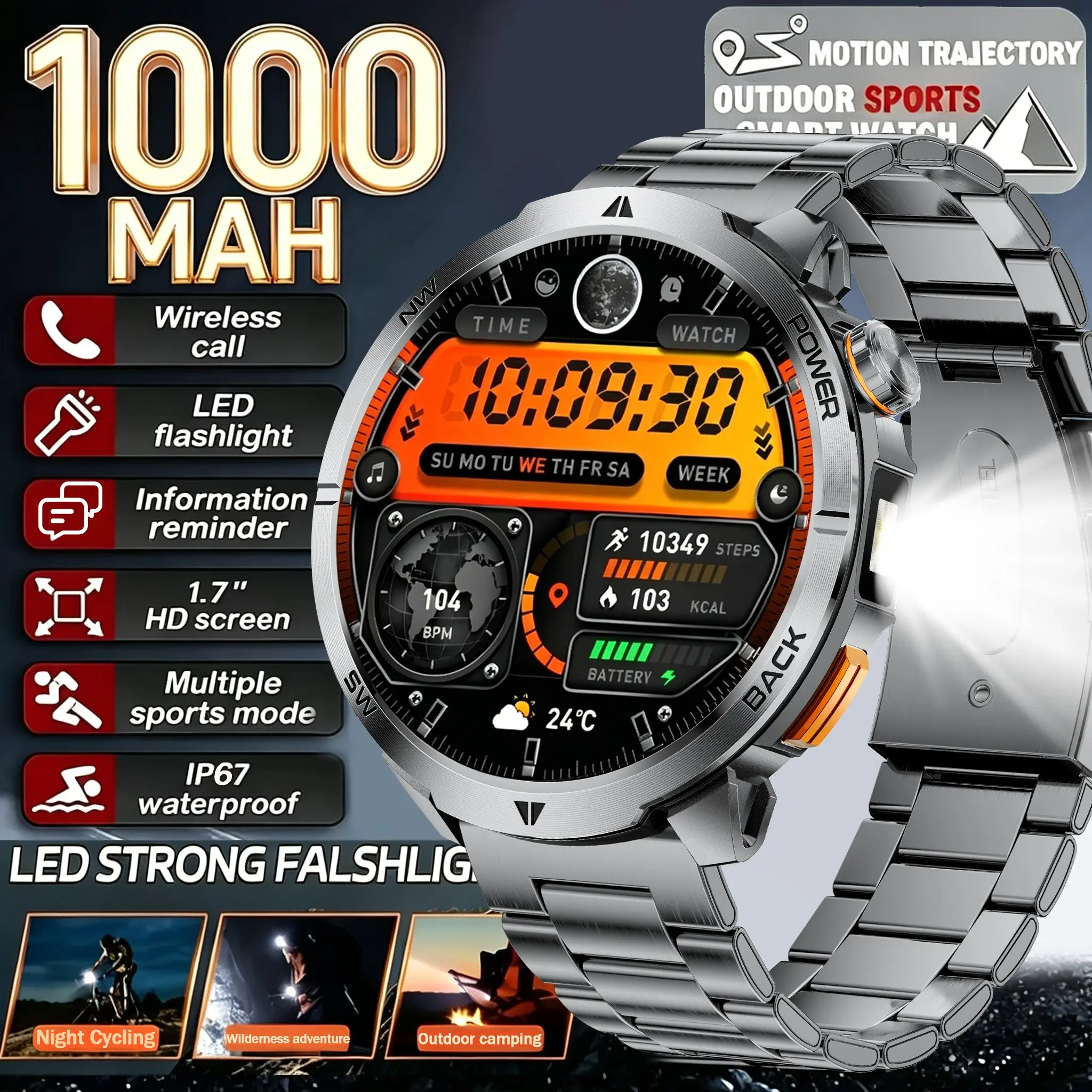 2026 New 1000mah Smart Watch, Wearable, LED Flashlight, 1.7-Inch HD Display, Wireless Call, 100+ Sports Modes, Step Tracker Watch, Weather & Alerts, Android & iOS Compatible