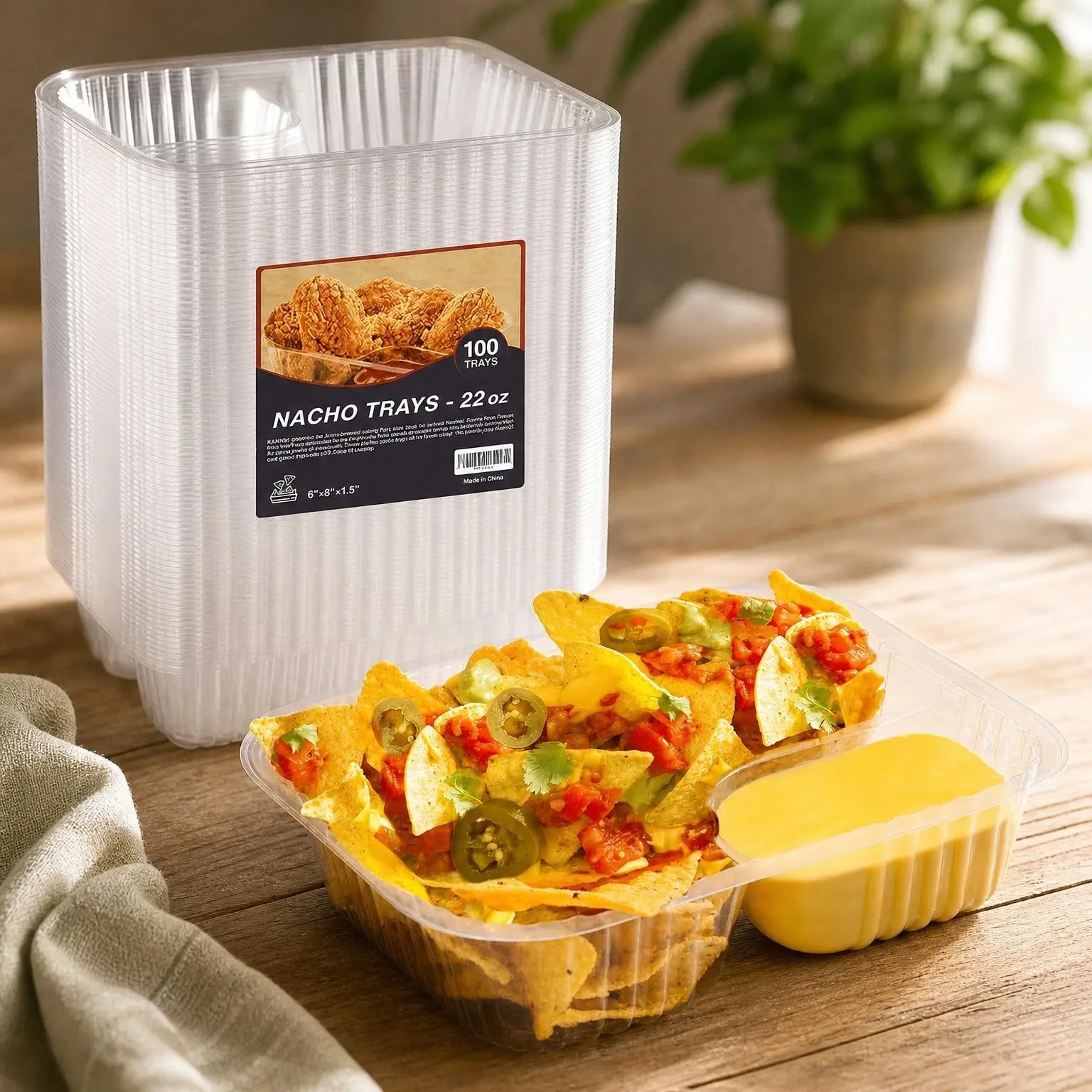 100 Pcs Nacho Trays - Large 6"x8" Disposable 22 Oz - 2 Compartments Clear Plastic Nacho Containers with Chip and Dip Holder - Ideal For All Occasions
