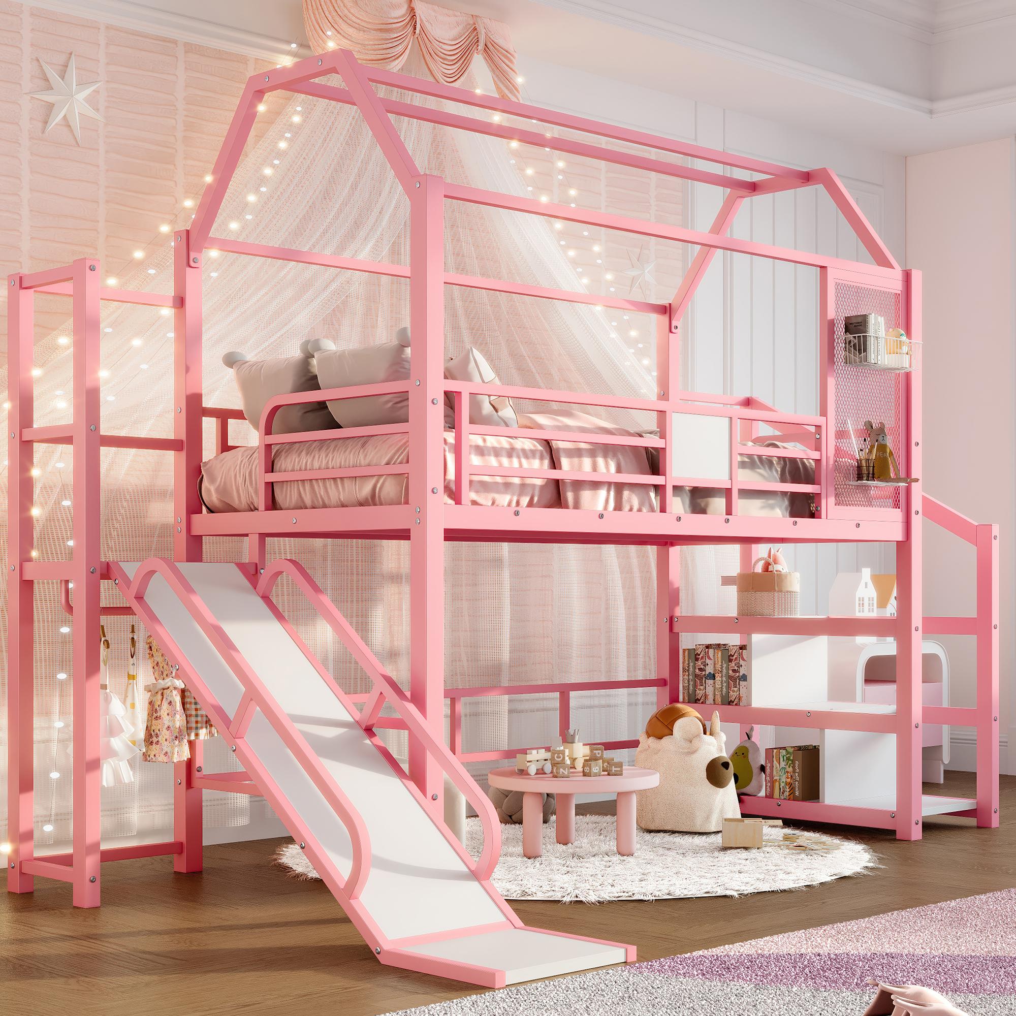 (2 Packages)Twin House Loft bed with Slide and Stairs, Metal Playhouse Bed with Storage Shelves, House-shaped Roof and Noise-free Design, Pink/Black