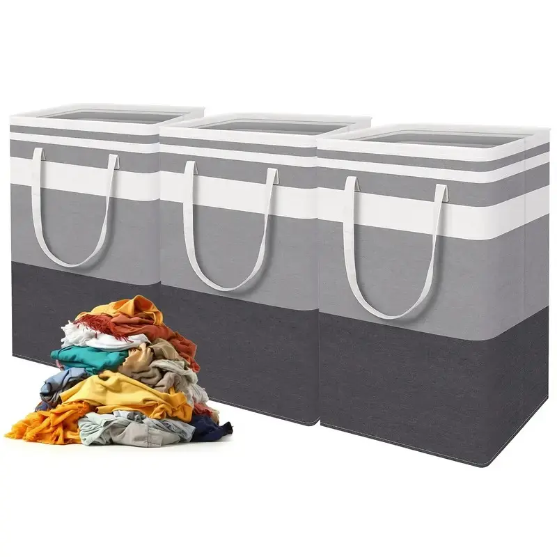 3-Pack Large Foldable Laundry Hampers with Carry Handles, Fabric Storage Baskets for Clothes, Blankets and Toys, and