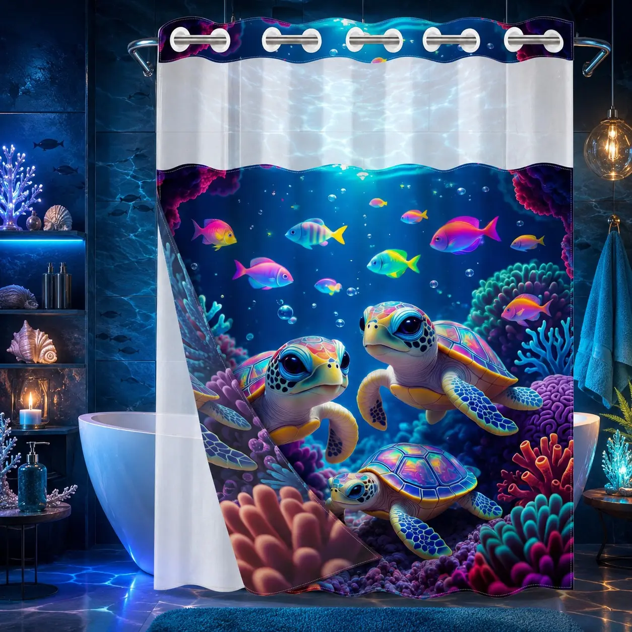 1 Pc Hookless Double Layer Aesthetic Shower Curtain, Underwater Sea Turtle Print, Machine Washable Waterproof Mildew Resistant Fabric, Magical Ocean Home Bathroom Decor, Removable Snap-in Liner, Top See-Through Curtain, Bathroom Divider - 71"×74"