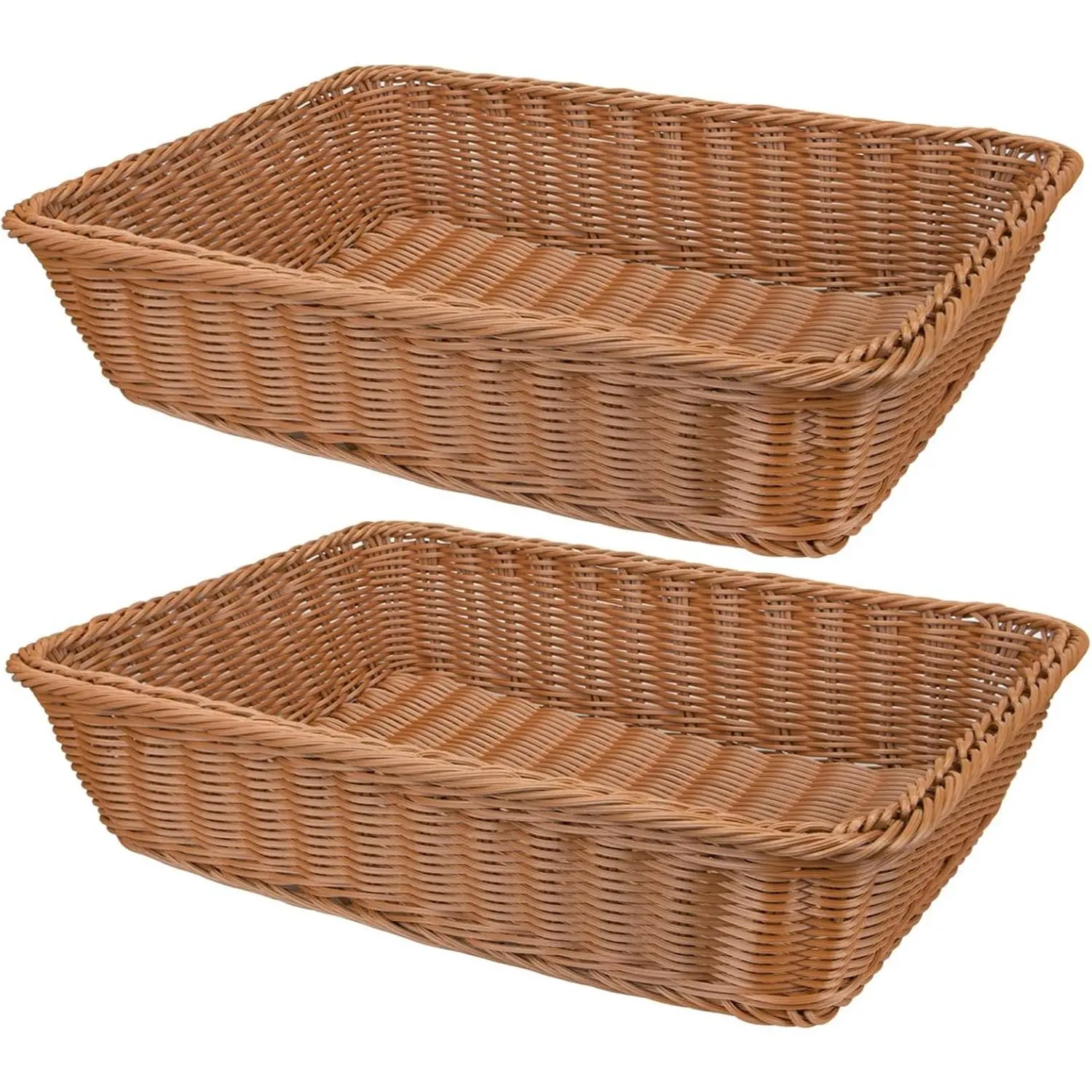 2 Pack 15.7" x 11.4" Woven Bread Baskets, Plastic Imitation Rattan Wicker Food Serving Trays for Fruit Vegetables, Suitable for Kitchen Restaurant Outdoor, Brown