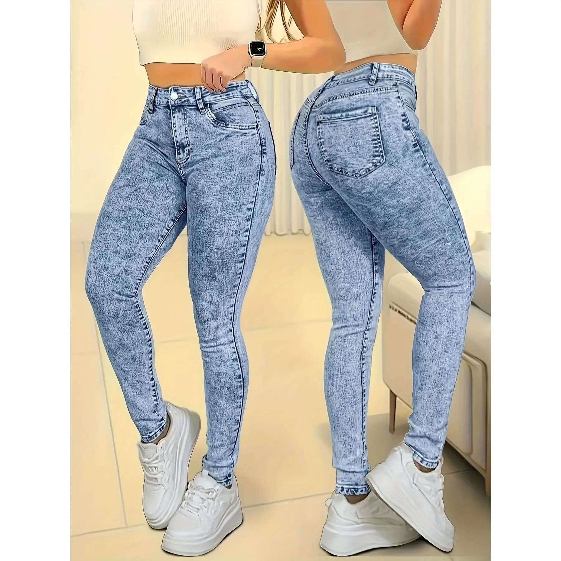 Ladies Light Blue Stirrup Snowflake Craft Elastic Close-fitting Jeans