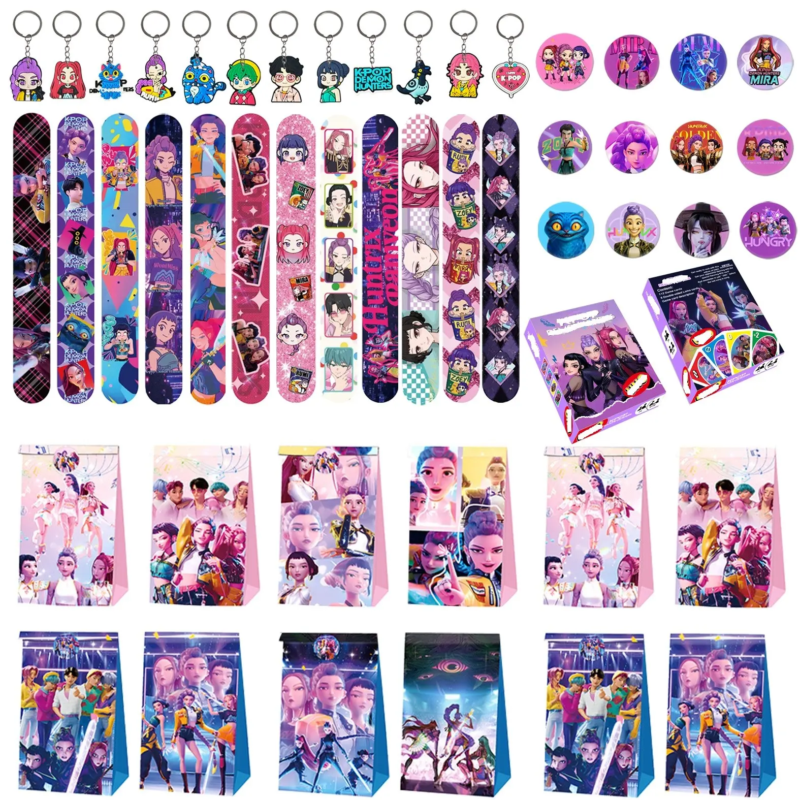 Korean cartoon girl group party game gift set of five pieces, including 12 keychains, 12 bracelets, 12 gift bags, 12 badges, and 120 game cards, letting everyone immerse themselves in the party