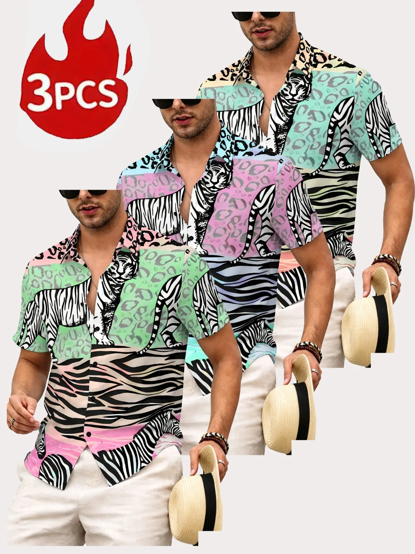 3-piece set of short sleeved shirts with contrasting tiger and leopard print patchwork printing, fashionable design, men's casual printed shirt, summer new top, street fashion, comfortable fit design, suitable for daily wear