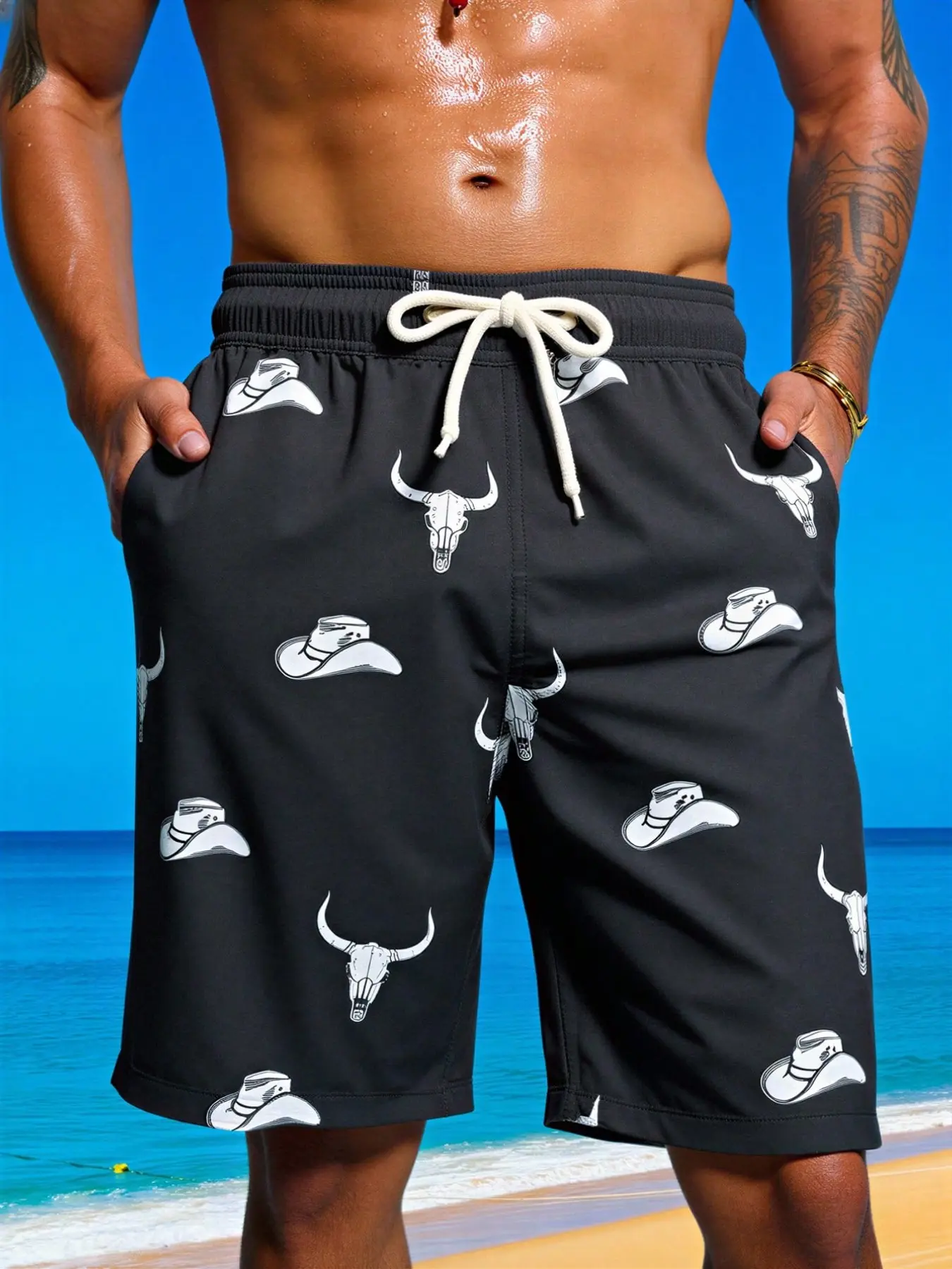 Men's Fashion Casual Tropical Style Summer Vacation Western Cowboy Print Drawstring Waist Beach Shorts