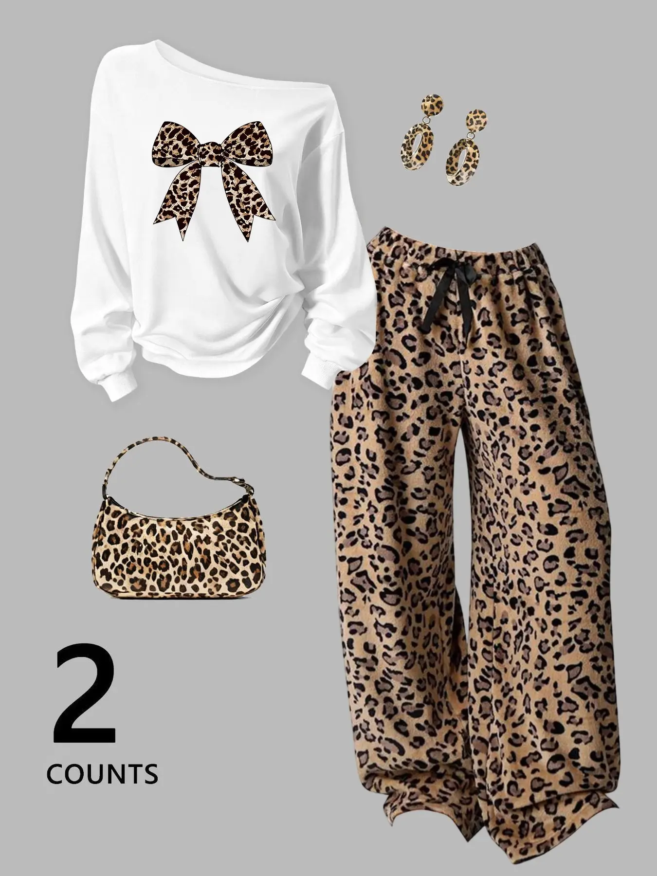 Women's Spring Fall Casual Set, One-Shoulder Oversize Long Sleeve Sweatshirt + Leopard Leggings, Side Stripe Print, Perfect for Daily and Outdoor Wear