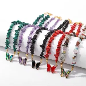 Elegant Beaded Necklace - Handmade Amethyst Crystal Chip Bag Accessory with Unique Butterfly Bead Pendant, Protective DIY Luggage & Bag Accessory for Sports Activities