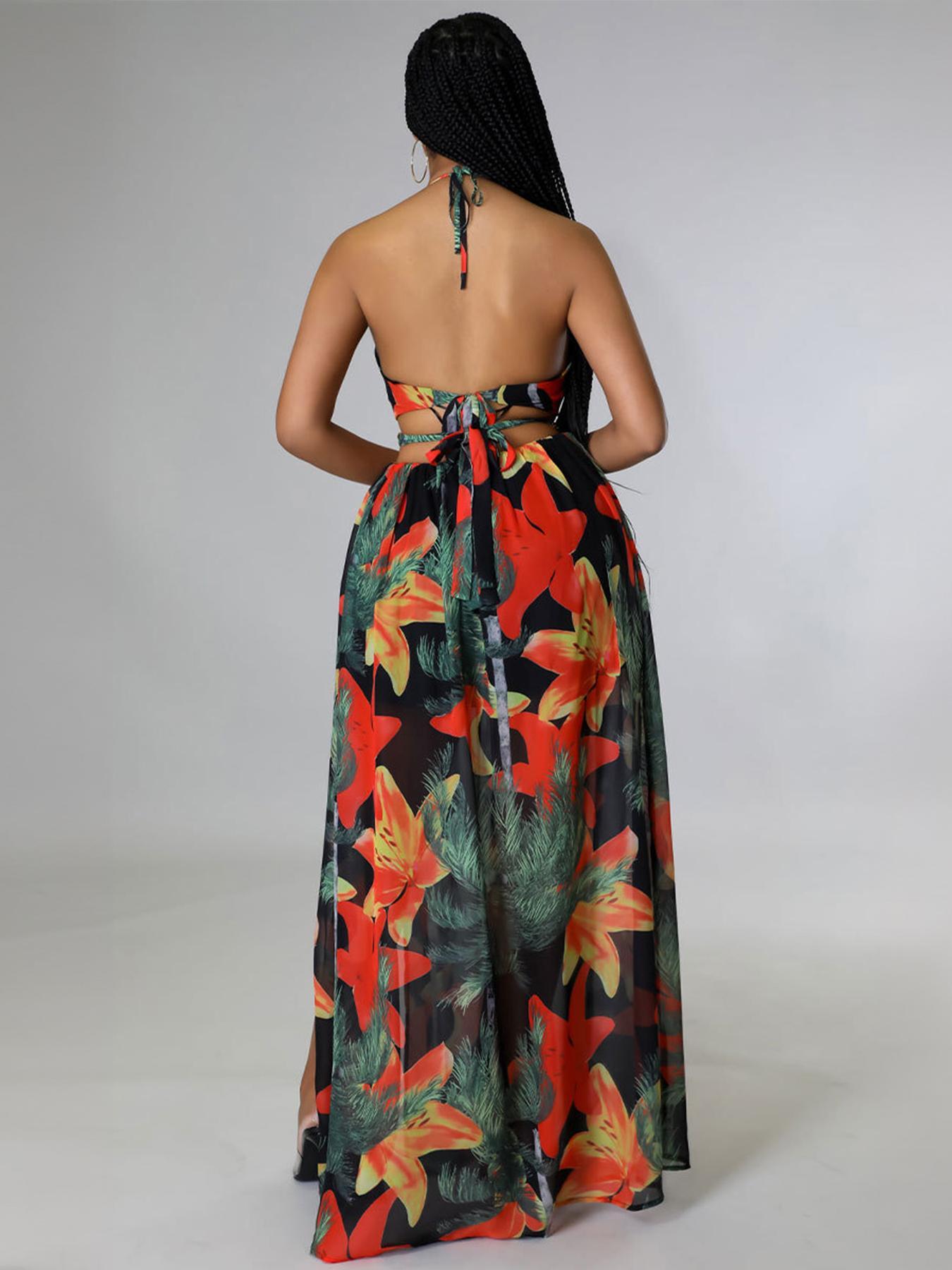 Summer Floral Print Deep V Halter Tie Split Maxi Dress Casual Wear