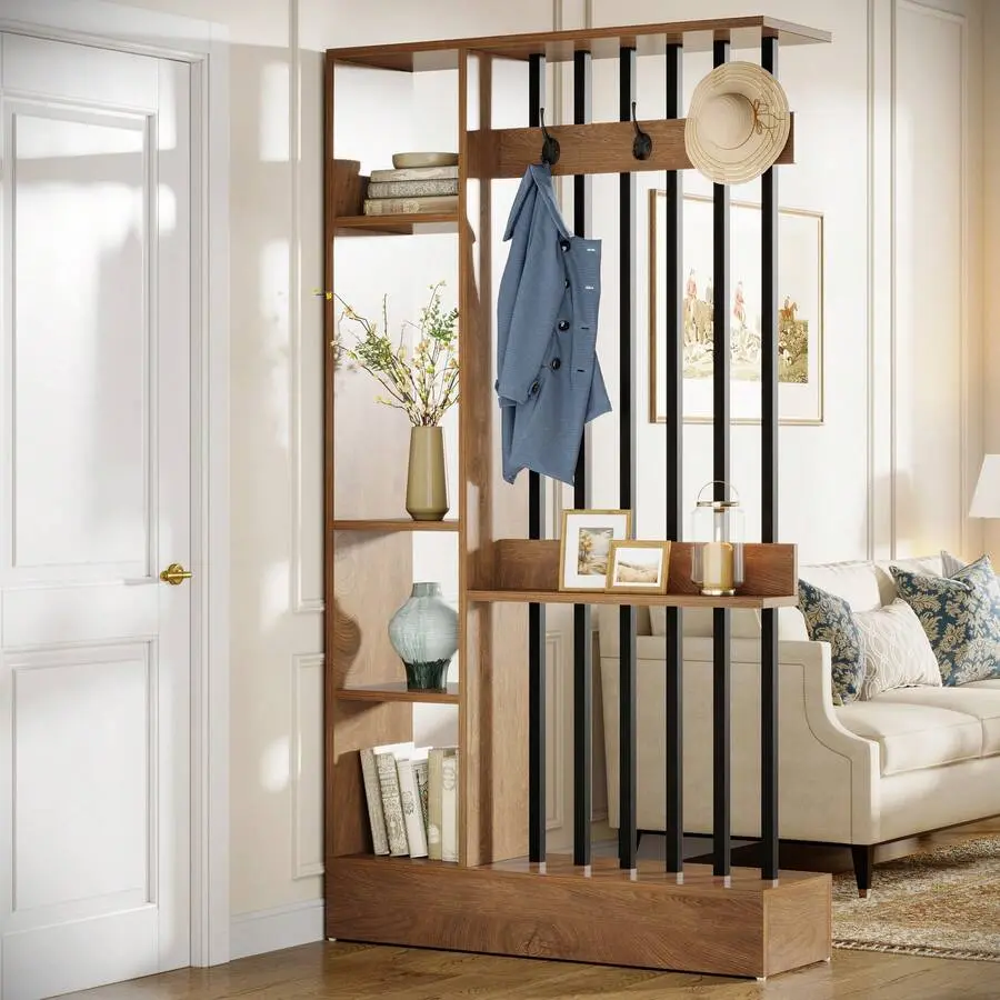 Room Divider, Wood Freestanding Room Divider Bookcase With Shelves & Coat Hooks, 71" Modern Partition Home & Office Decorative, Brown