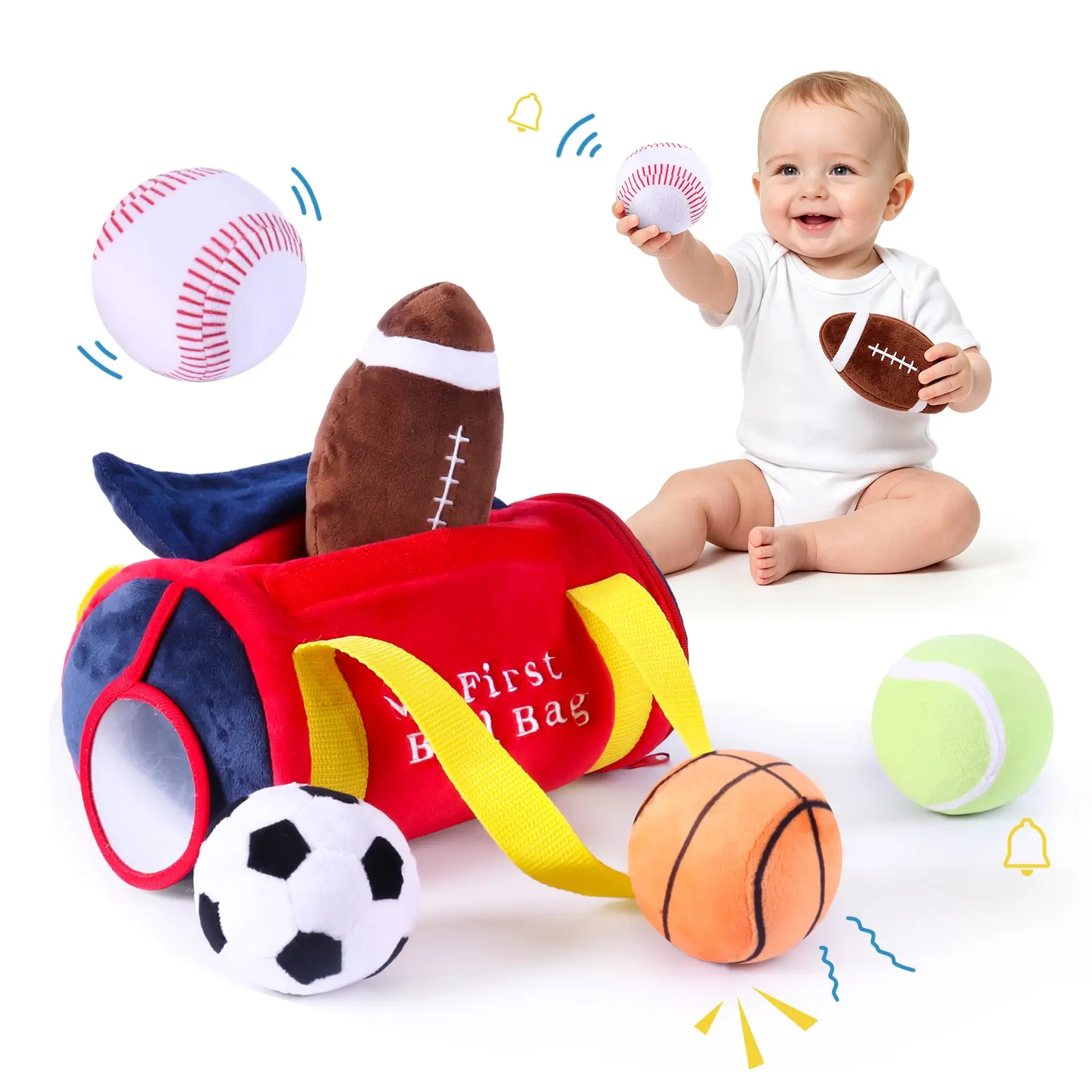 Baby Play Toy 6-12 Months, My First Sports Bag Toys, Plush Infant Baby Toy with 5 Sensory Balls – Basketball, Football, Baseball, Soccer ,Tennis – Rattle, Sound Maker, Mirror Toy for 3-6-9-12 Month Old, Boy Girl shower Christmas Gift