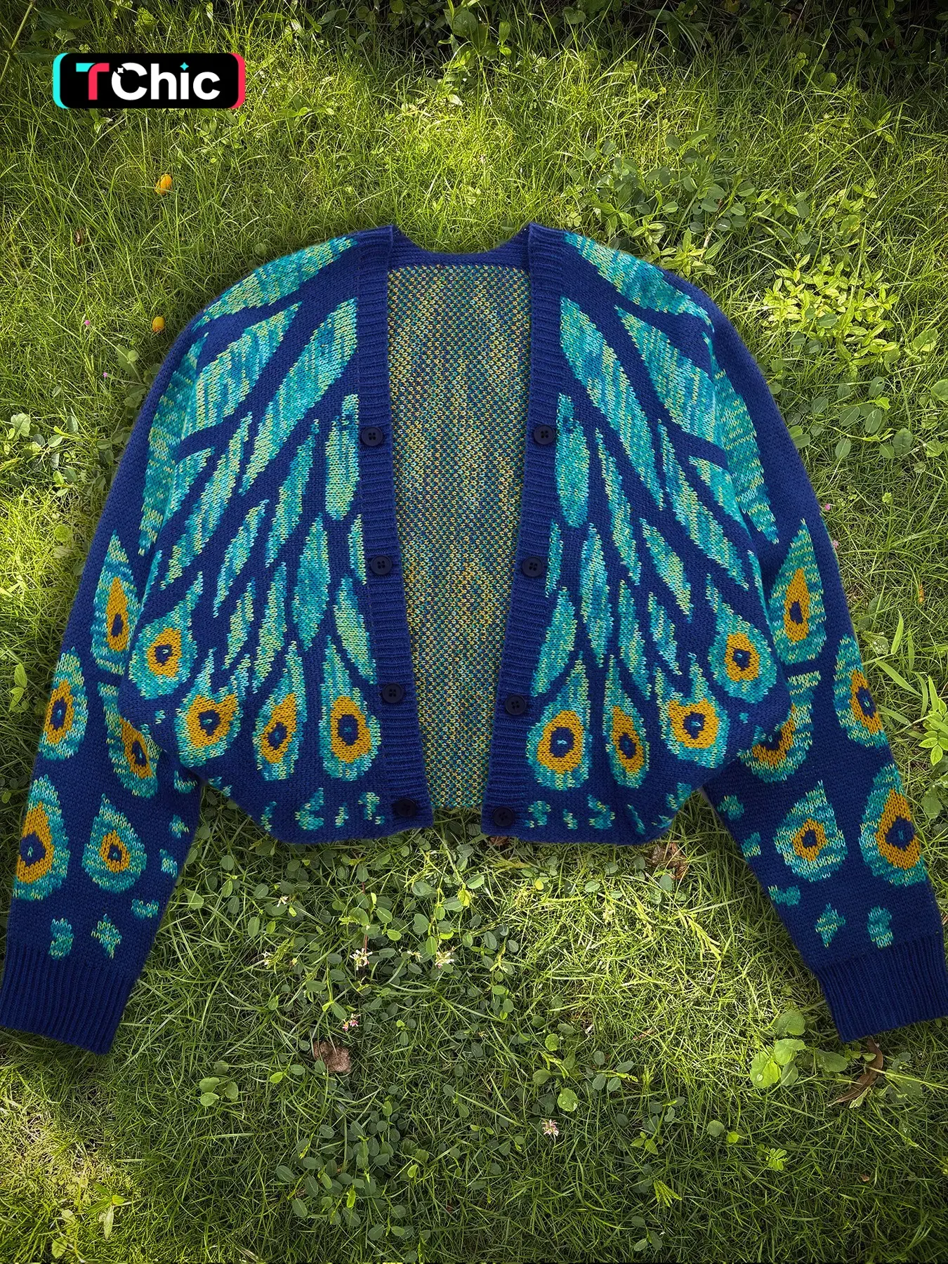 Women's Peacock Feather Print V-Neck Long Sleeve Sweater Coat, Double Button Knit Cardigan, Perfect for Vacation and Casual