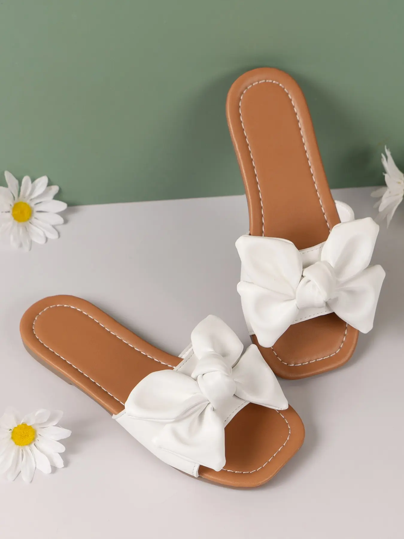 Bow Slippers, Cute PU Leather Flat Sandals, Non-Slip Rubber Sole, Home & Beach Wear, Korean Style, Foot Wear