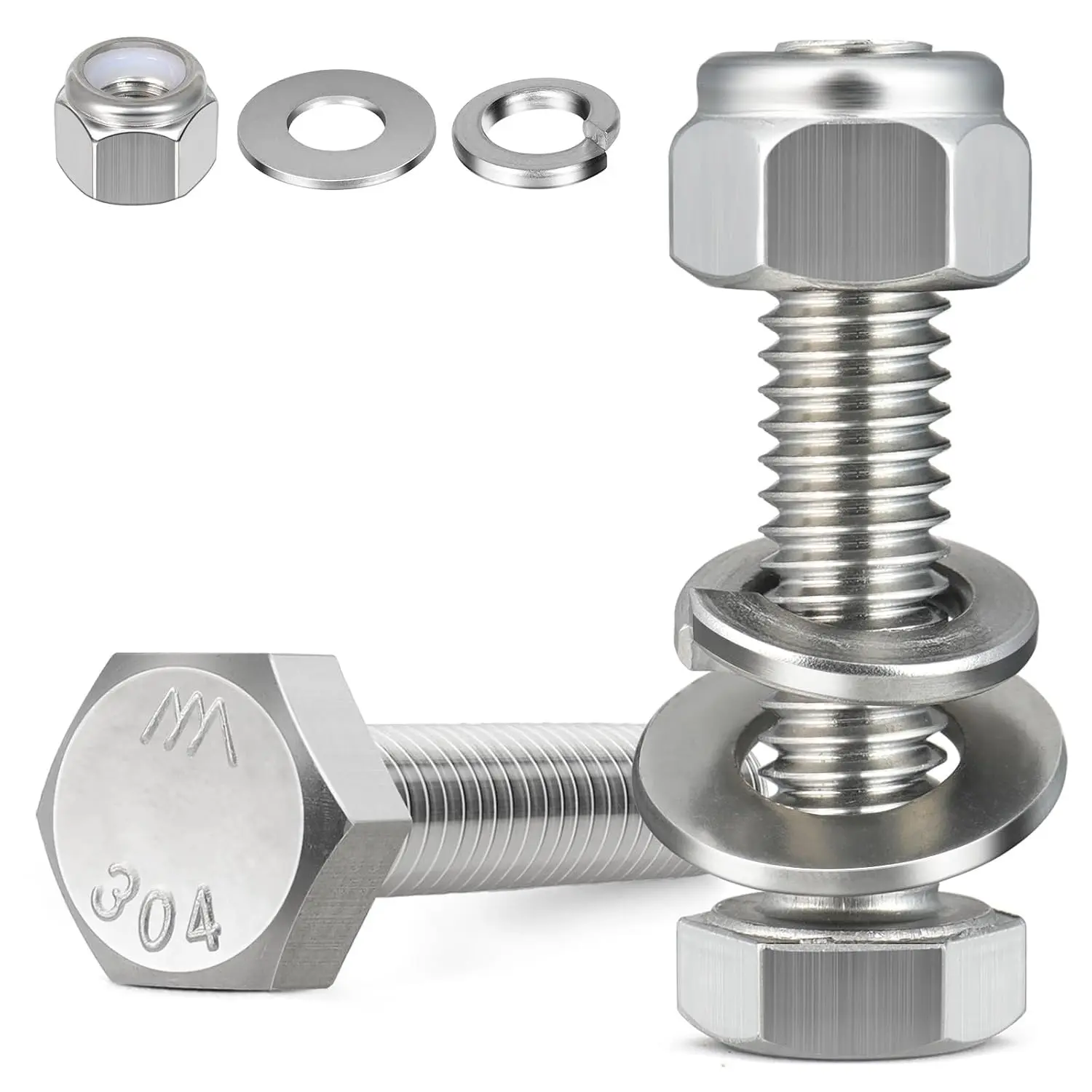 (18 Sets) 1/4-20 x 1-1/4" Hex Head Screw Bolt,Lock Nuts,Flat & Lock Washers Kits,304 Stainless Steel 18-8,Fully Threaded